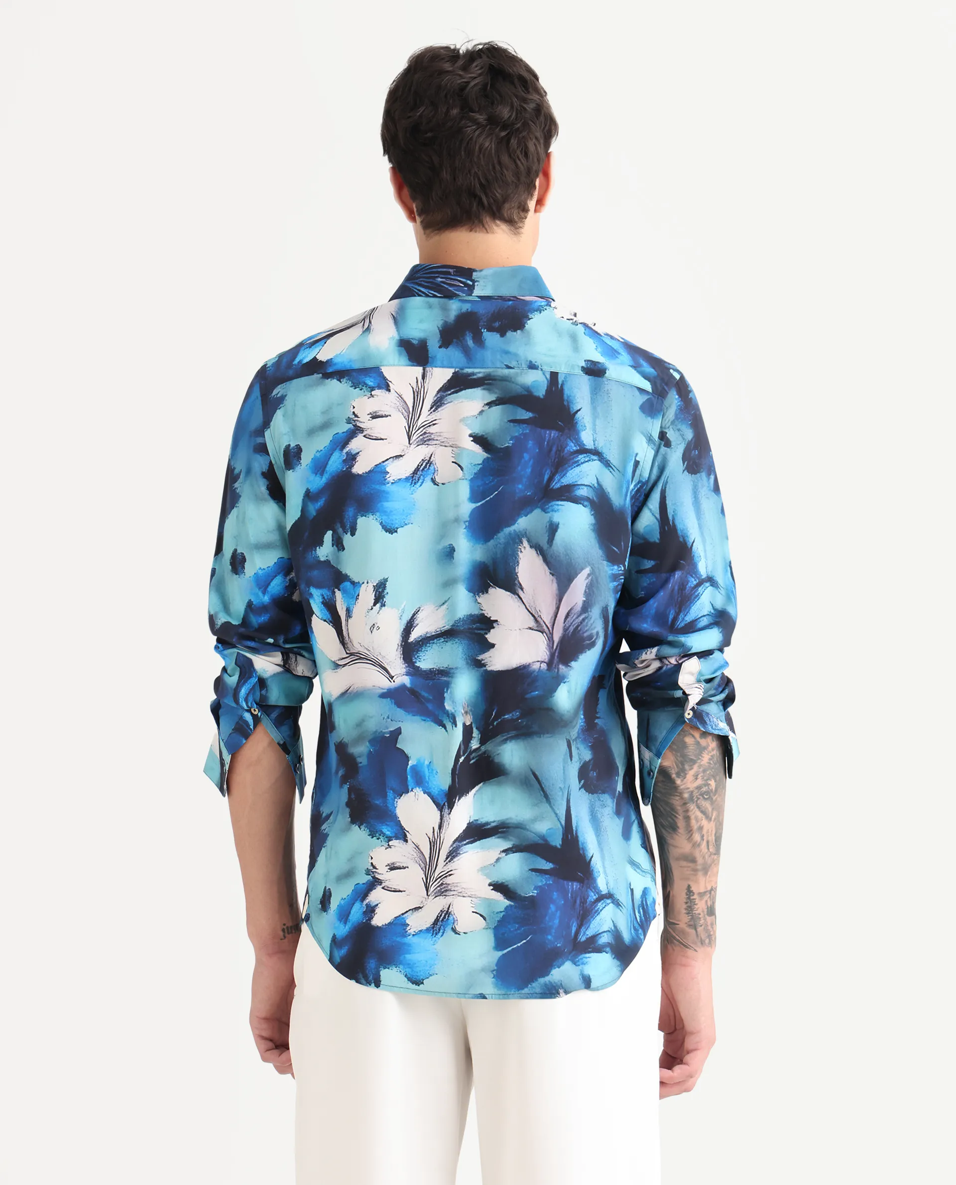 Rare Rabbit Men's Crin Blue Viscose Floral Print Regular Fit Full Sleeve Collared Shirt - Image 7