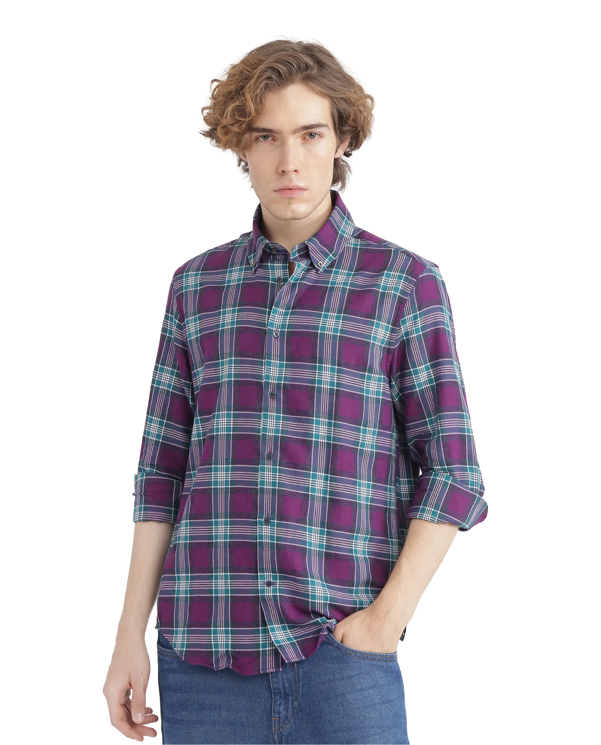 Rare Rabbit Men's Crin Dark Purple Cotton Checked Print Oversized Fit Full Sleeve Collared Shirt - Image 2