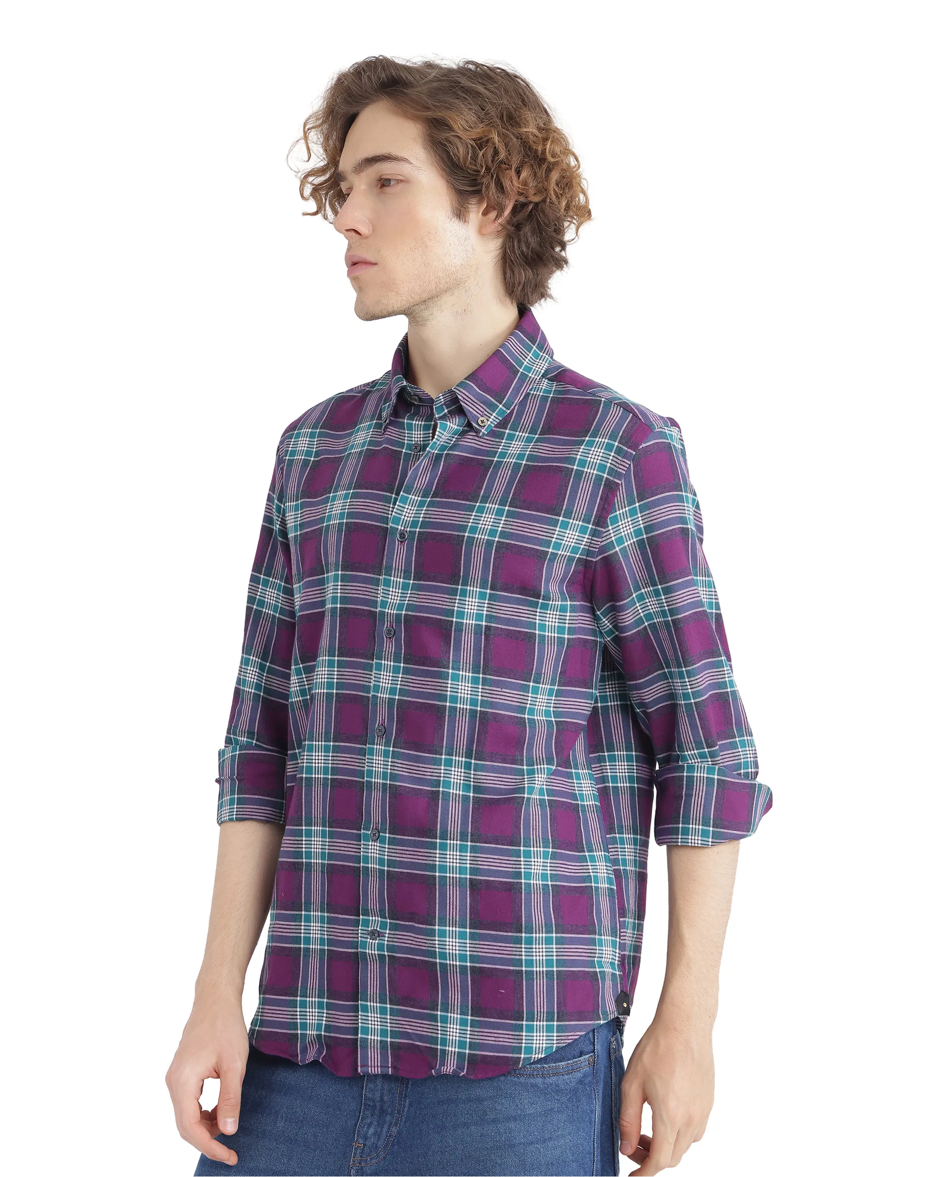 Rare Rabbit Men's Crin Dark Purple Cotton Checked Print Oversized Fit Full Sleeve Collared Shirt - Image 4