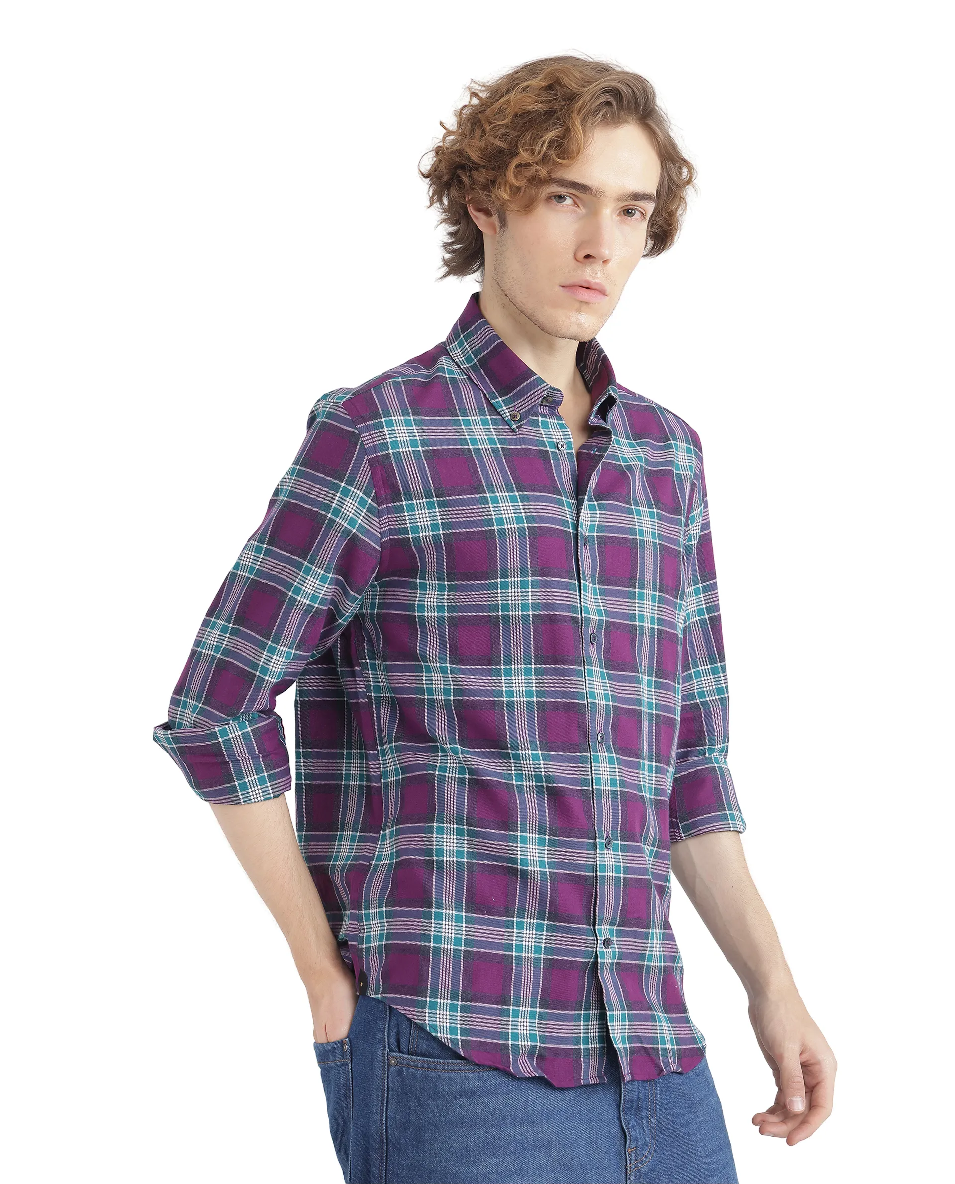 Rare Rabbit Men's Crin Dark Purple Cotton Checked Print Oversized Fit Full Sleeve Collared Shirt - Image 5