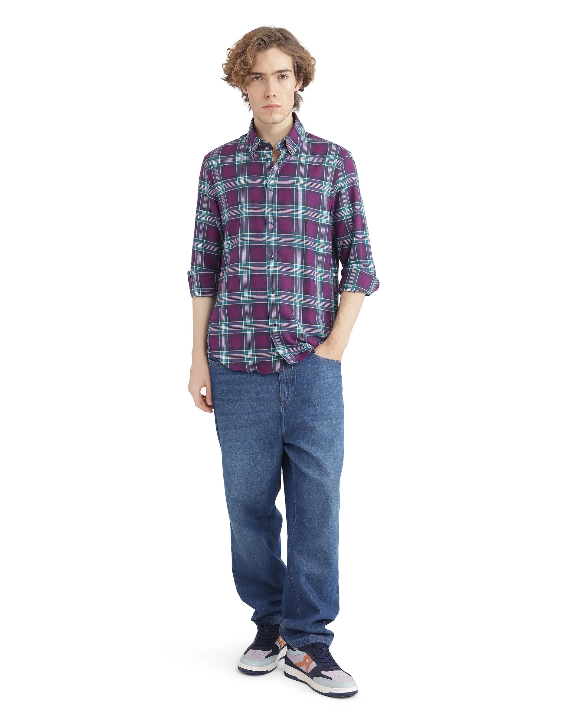Rare Rabbit Men's Crin Dark Purple Cotton Checked Print Oversized Fit Full Sleeve Collared Shirt - Image 6