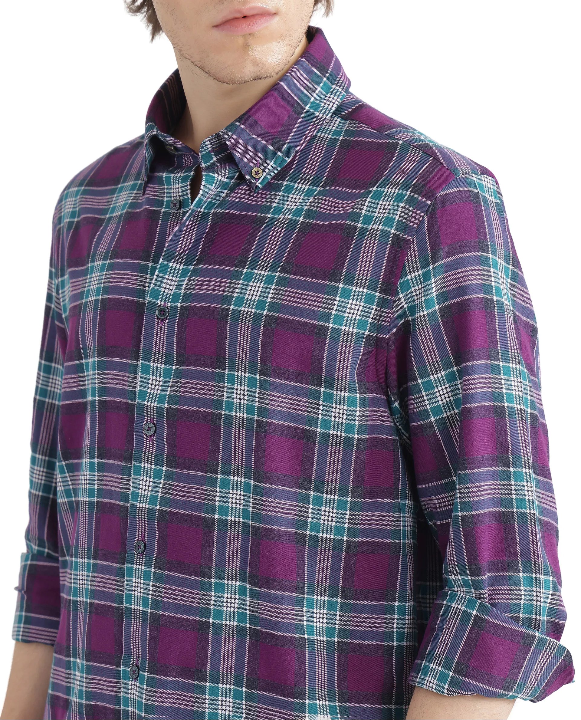 Rare Rabbit Men's Crin Dark Purple Cotton Checked Print Oversized Fit Full Sleeve Collared Shirt - Image 7