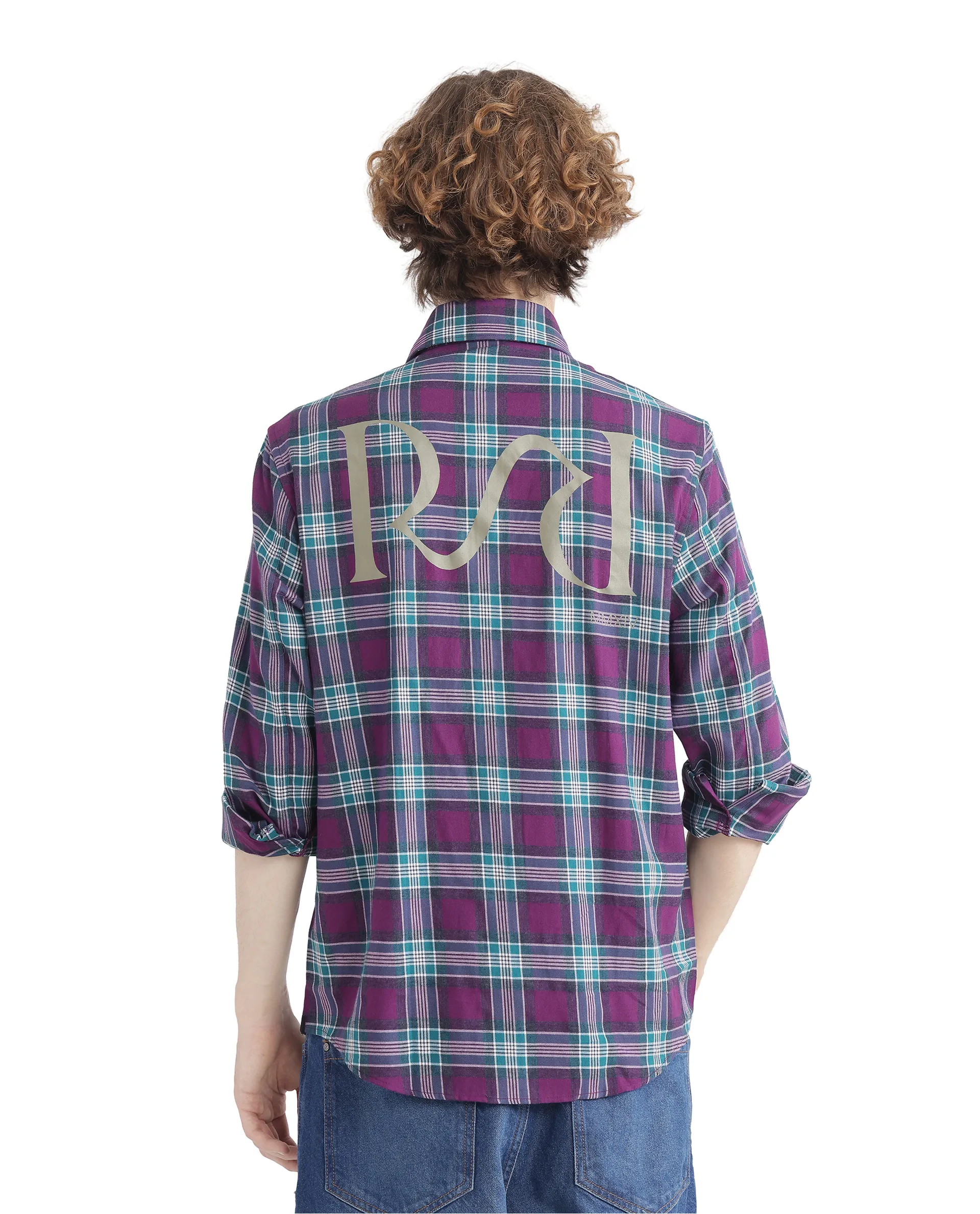 Rare Rabbit Men's Crin Dark Purple Cotton Checked Print Oversized Fit Full Sleeve Collared Shirt - Image 8