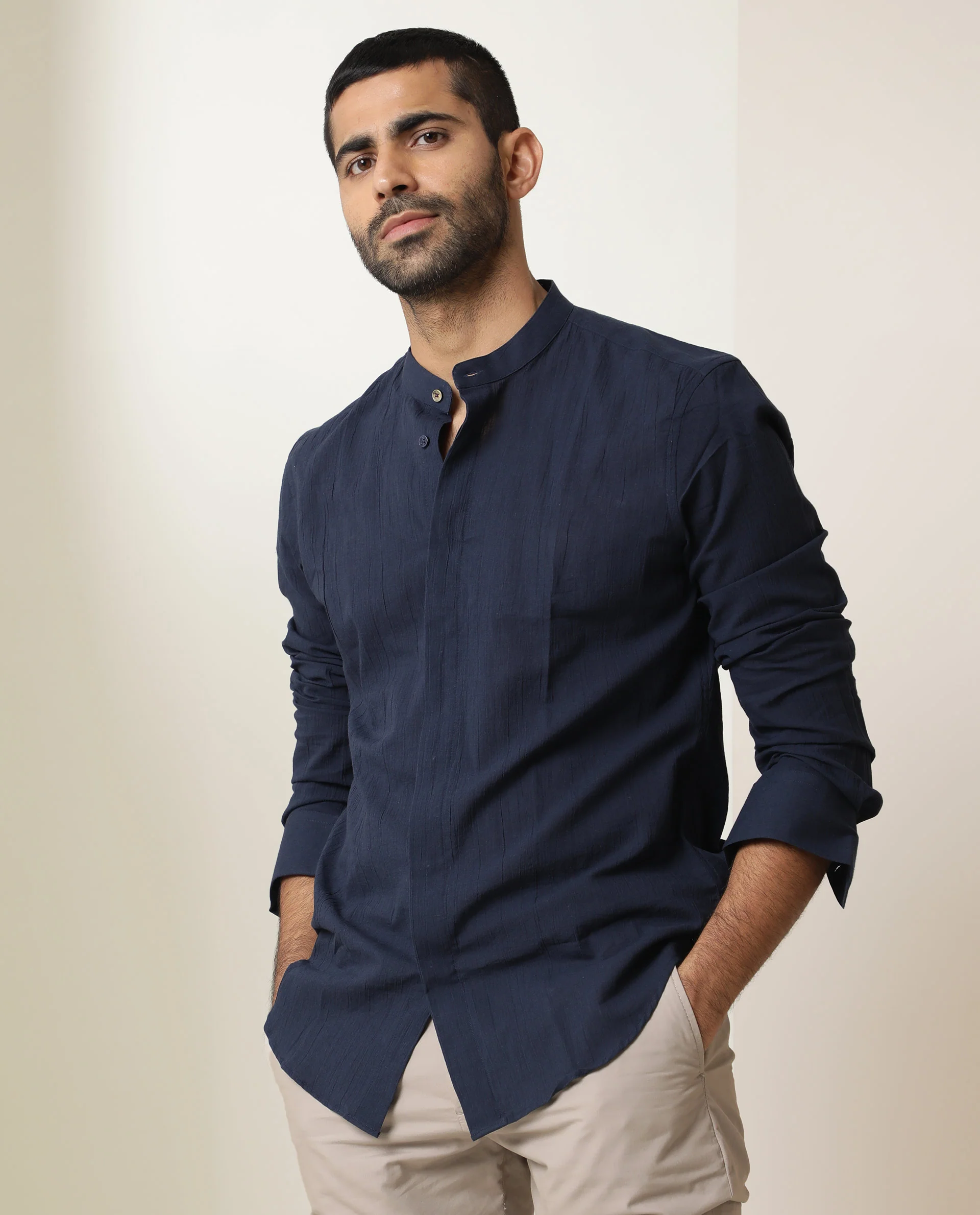 Rare Rabbit Men's Crinckle Navy Cotton Plain Regular Fit Full Sleeve Mandarin Collar Shirt - Image 5