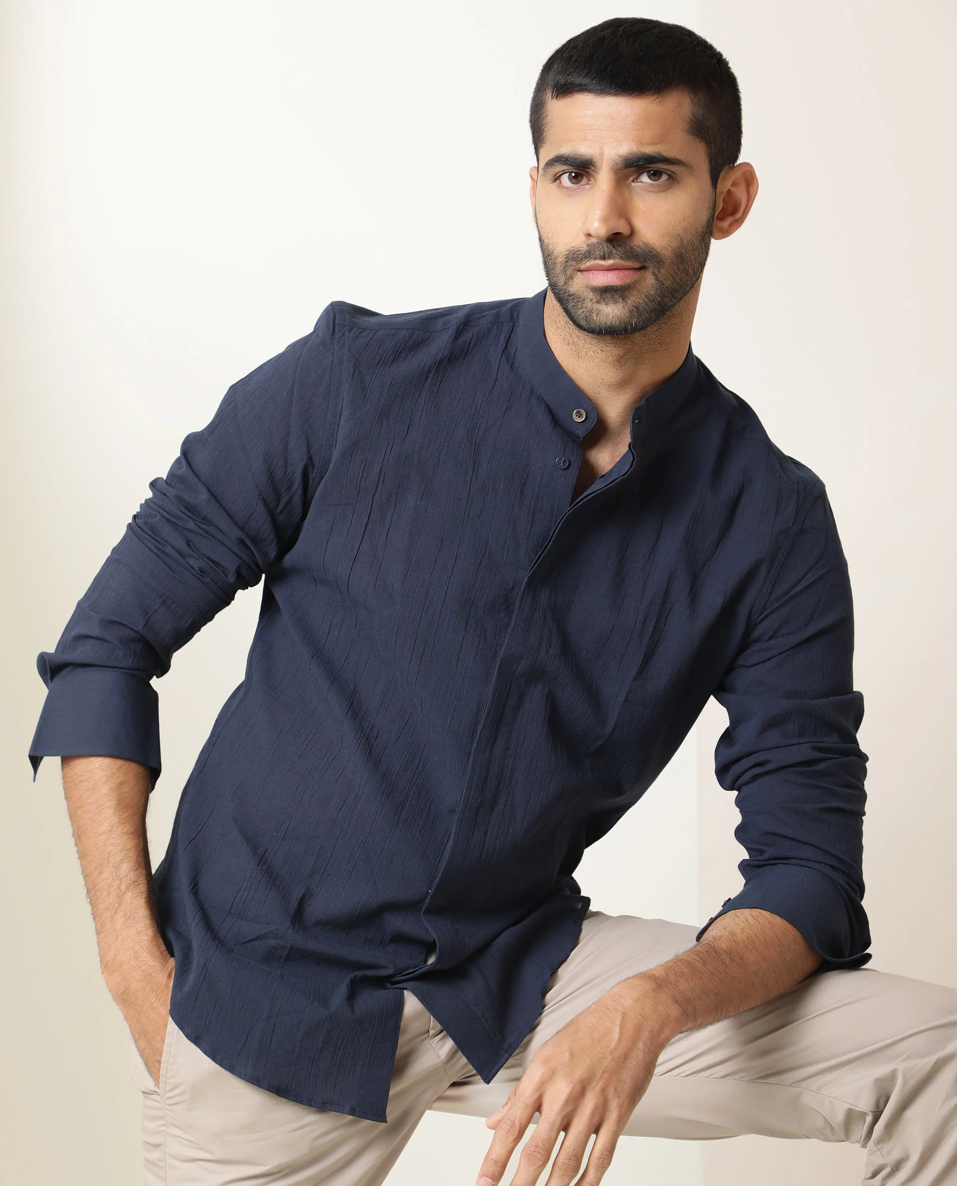 Rare Rabbit Men's Crinckle Navy Cotton Plain Regular Fit Full Sleeve Mandarin Collar Shirt - Image 6