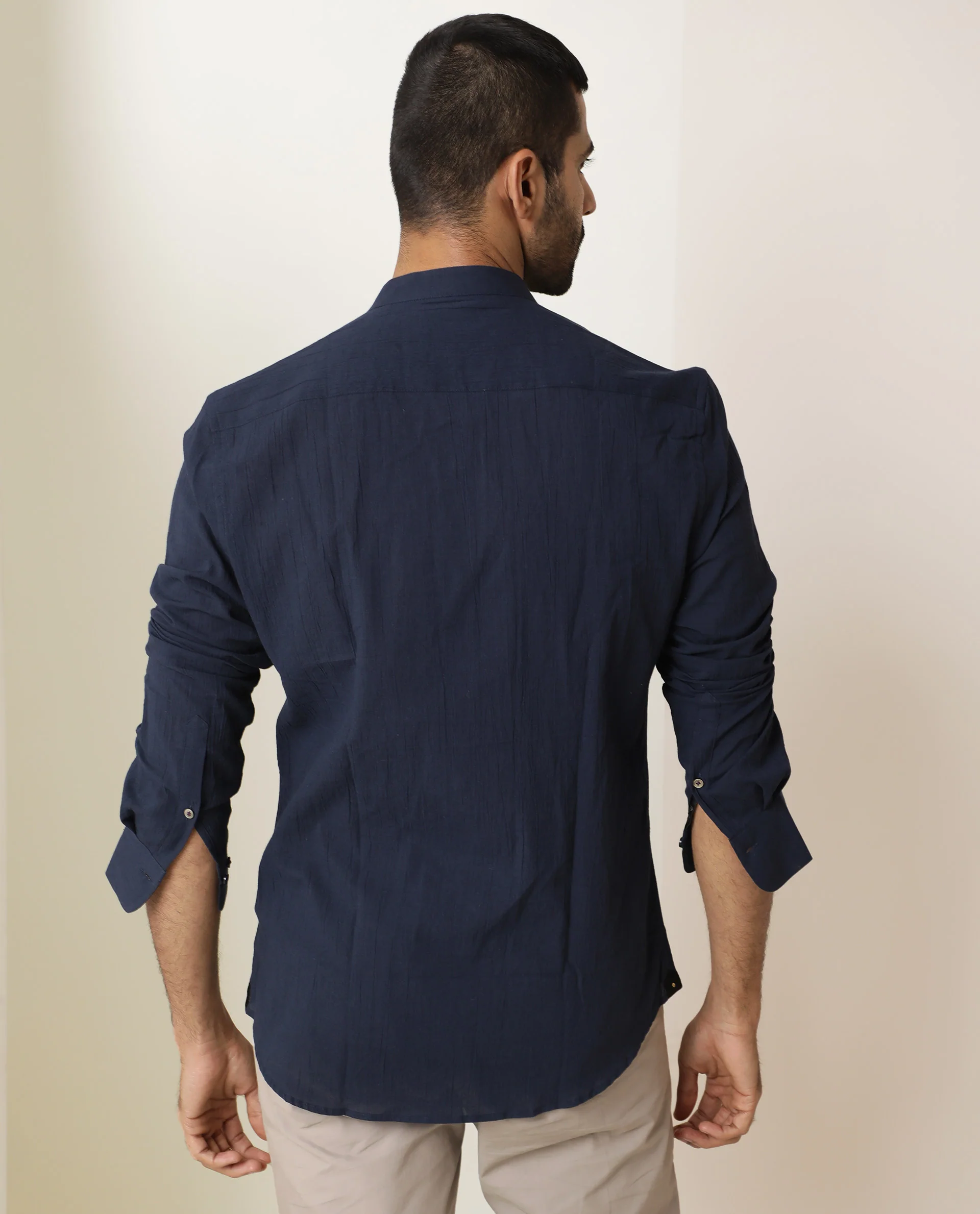 Rare Rabbit Men's Crinckle Navy Cotton Plain Regular Fit Full Sleeve Mandarin Collar Shirt - Image 9
