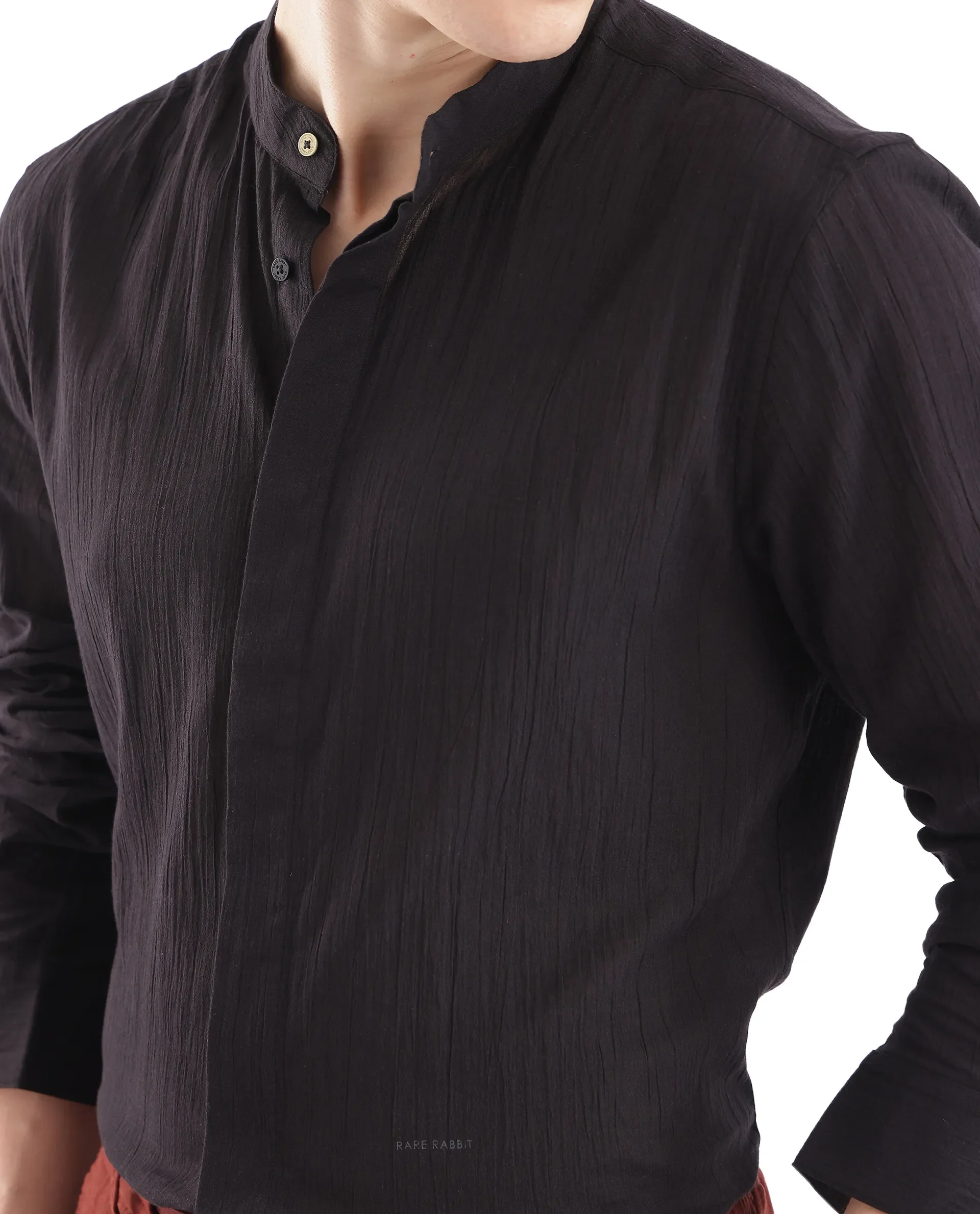 Rare Rabbit Men's Crinkle-25 Black Plain Regular Fit Full Sleeve Mandarin Collar Shirt - Image 2