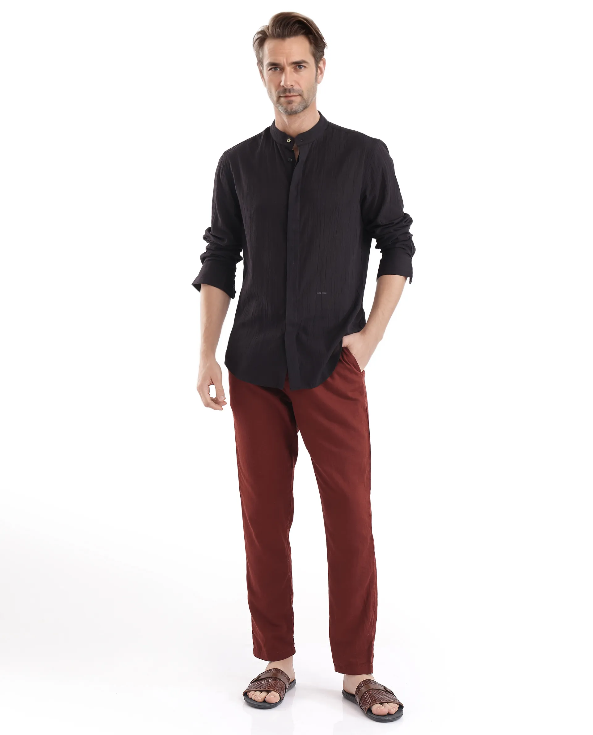 Rare Rabbit Men's Crinkle-25 Black Plain Regular Fit Full Sleeve Mandarin Collar Shirt - Image 3