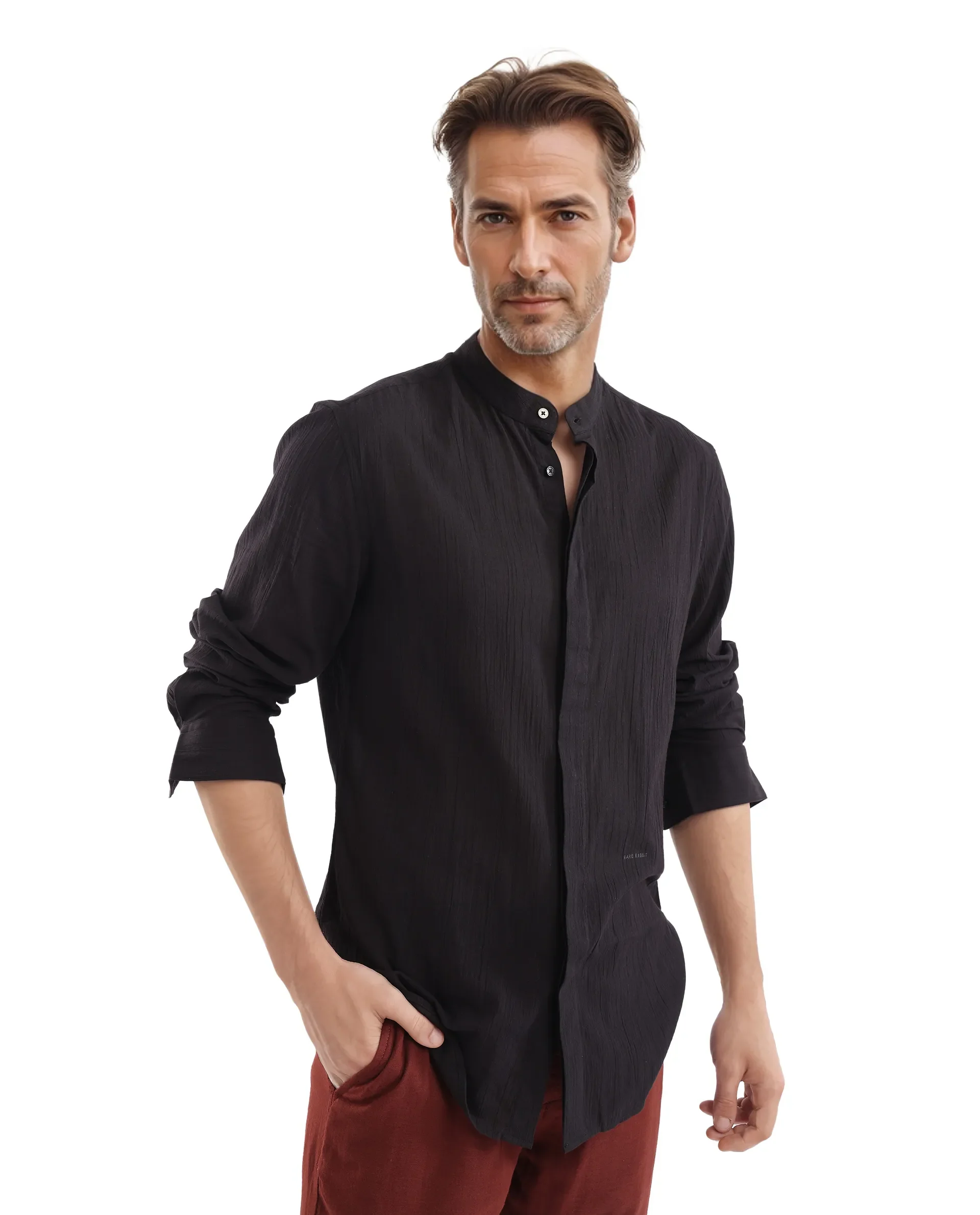 Rare Rabbit Men's Crinkle-25 Black Plain Regular Fit Full Sleeve Mandarin Collar Shirt - Image 4