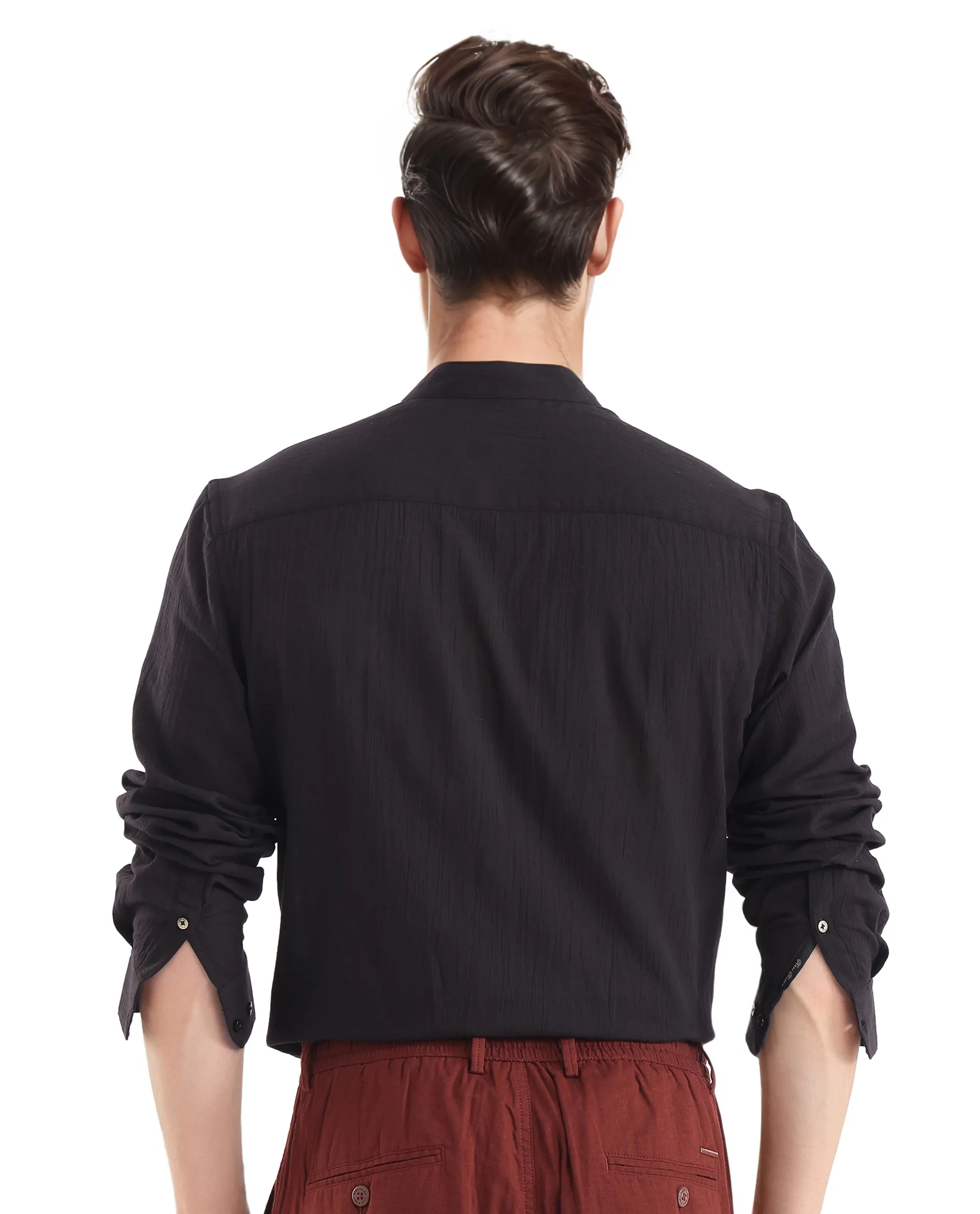 Rare Rabbit Men's Crinkle-25 Black Plain Regular Fit Full Sleeve Mandarin Collar Shirt - Image 5