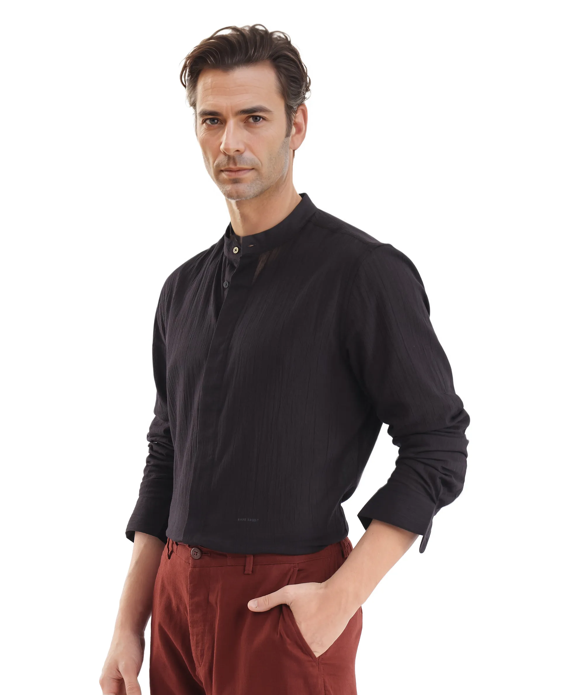 Rare Rabbit Men's Crinkle-25 Black Plain Regular Fit Full Sleeve Mandarin Collar Shirt - Image 6