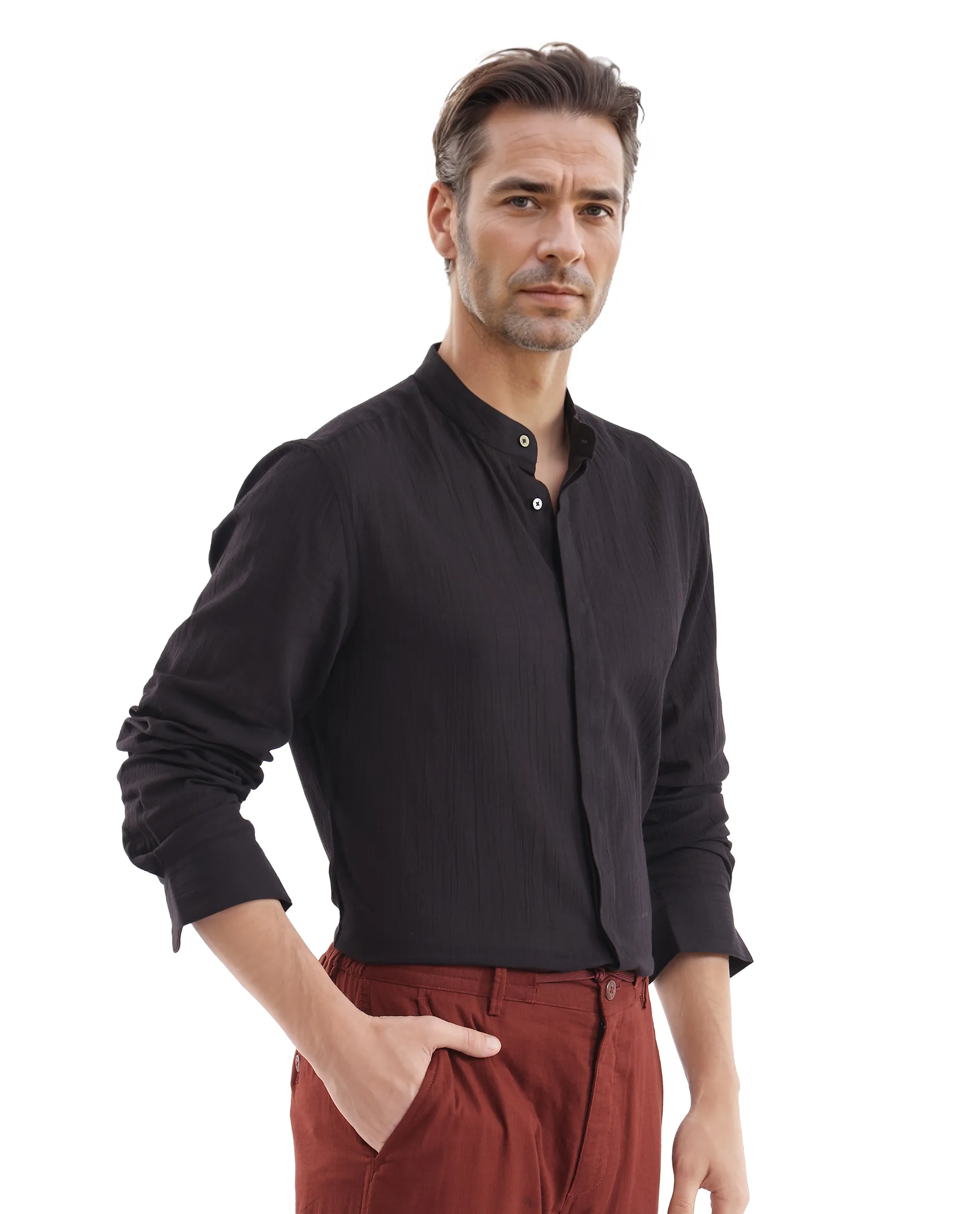 Rare Rabbit Men's Crinkle-25 Black Plain Regular Fit Full Sleeve Mandarin Collar Shirt - Image 7