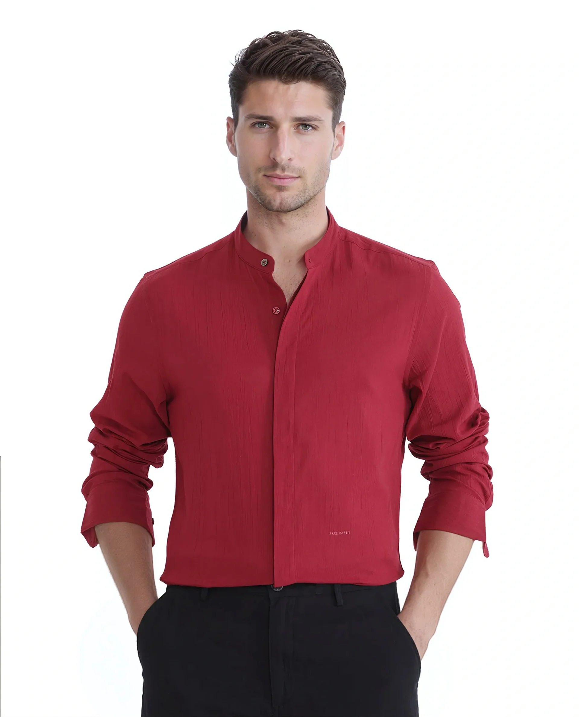Rare Rabbit Men's Crinkle-25 Red Plain Regular Fit Full Sleeve Mandarin Collar Shirt