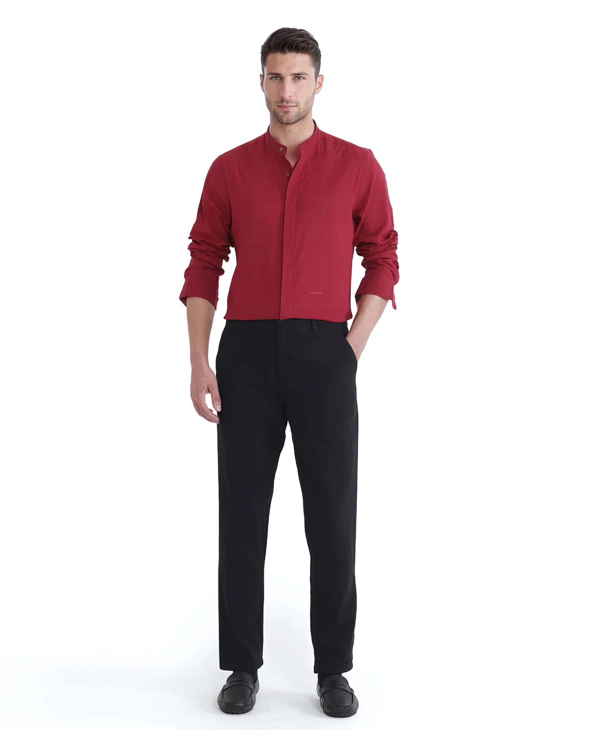 Rare Rabbit Men's Crinkle-25 Red Plain Regular Fit Full Sleeve Mandarin Collar Shirt - Image 2