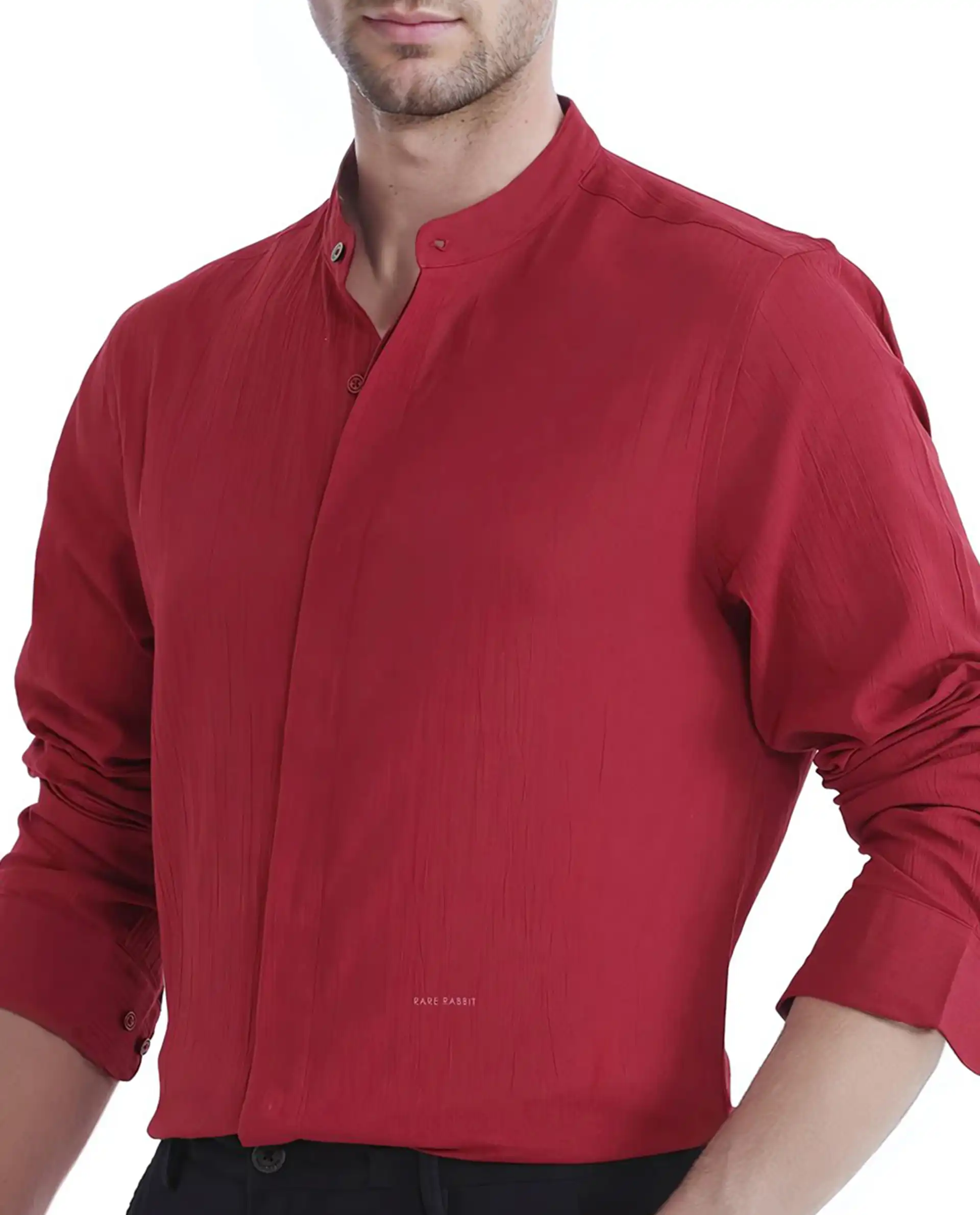 Rare Rabbit Men's Crinkle-25 Red Plain Regular Fit Full Sleeve Mandarin Collar Shirt - Image 3