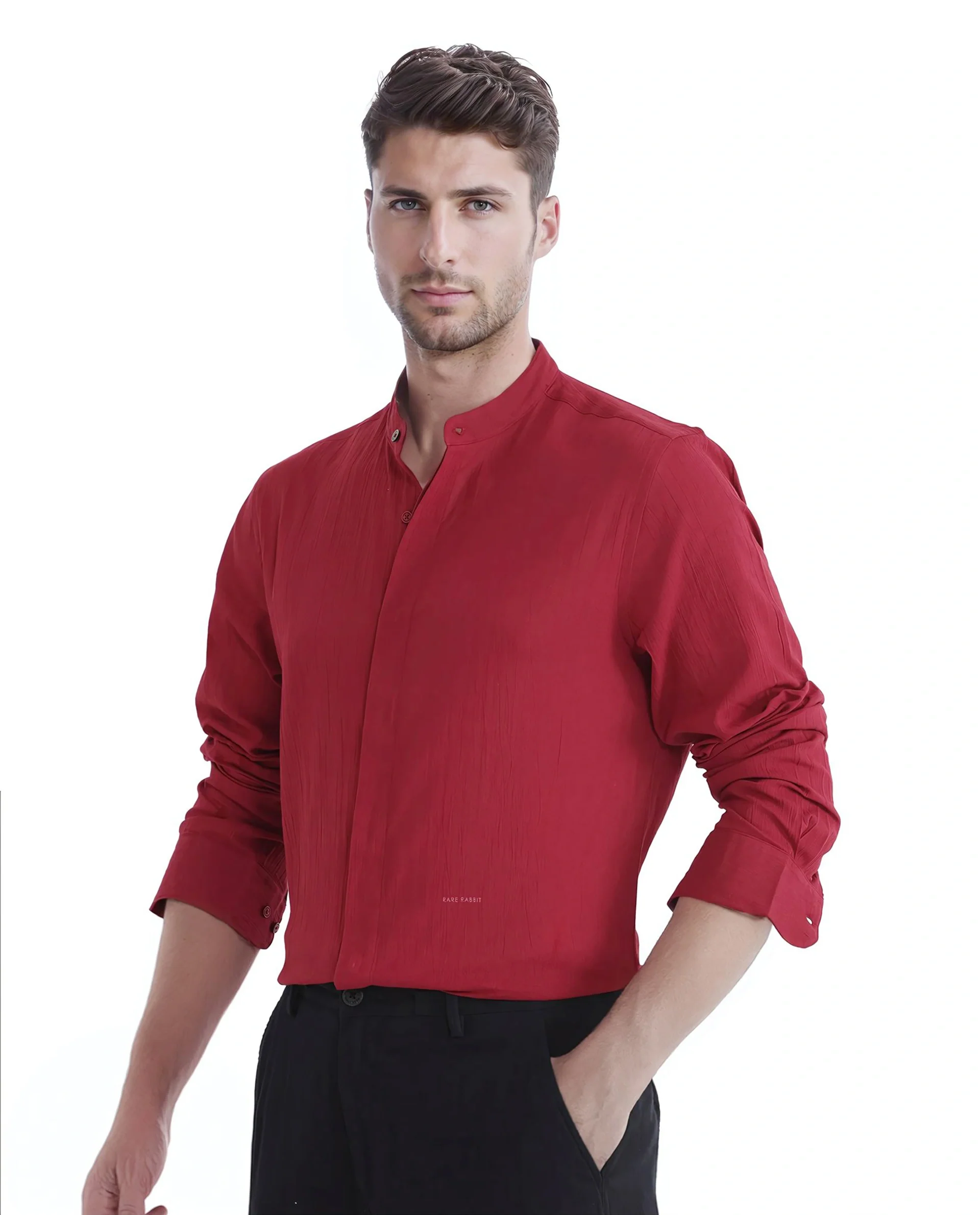 Rare Rabbit Men's Crinkle-25 Red Plain Regular Fit Full Sleeve Mandarin Collar Shirt - Image 4