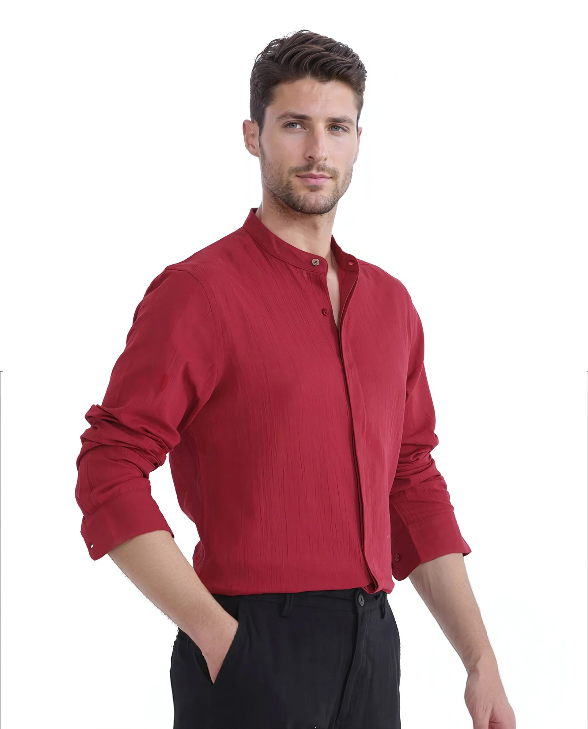 Rare Rabbit Men's Crinkle-25 Red Plain Regular Fit Full Sleeve Mandarin Collar Shirt - Image 6