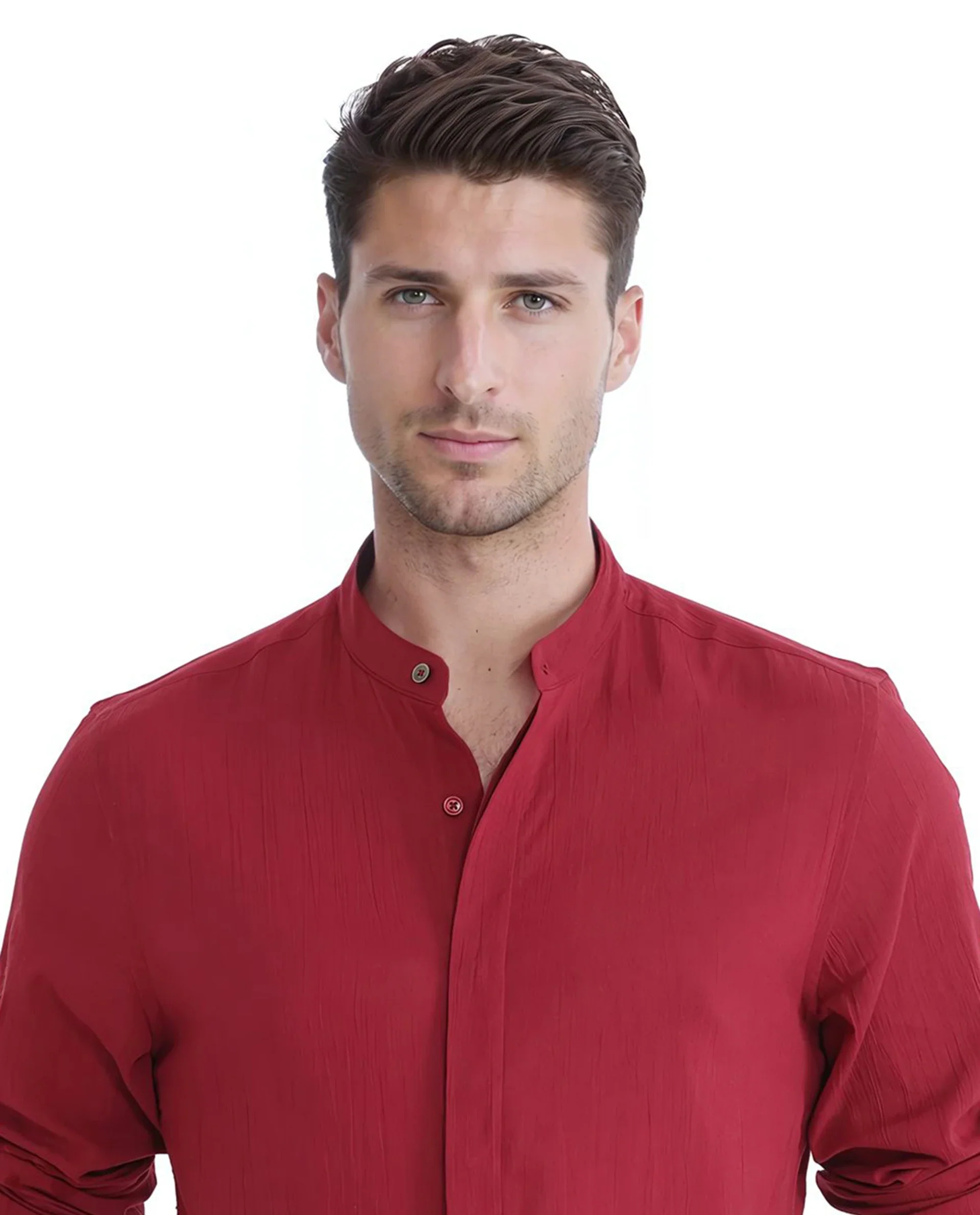 Rare Rabbit Men's Crinkle-25 Red Plain Regular Fit Full Sleeve Mandarin Collar Shirt - Image 7