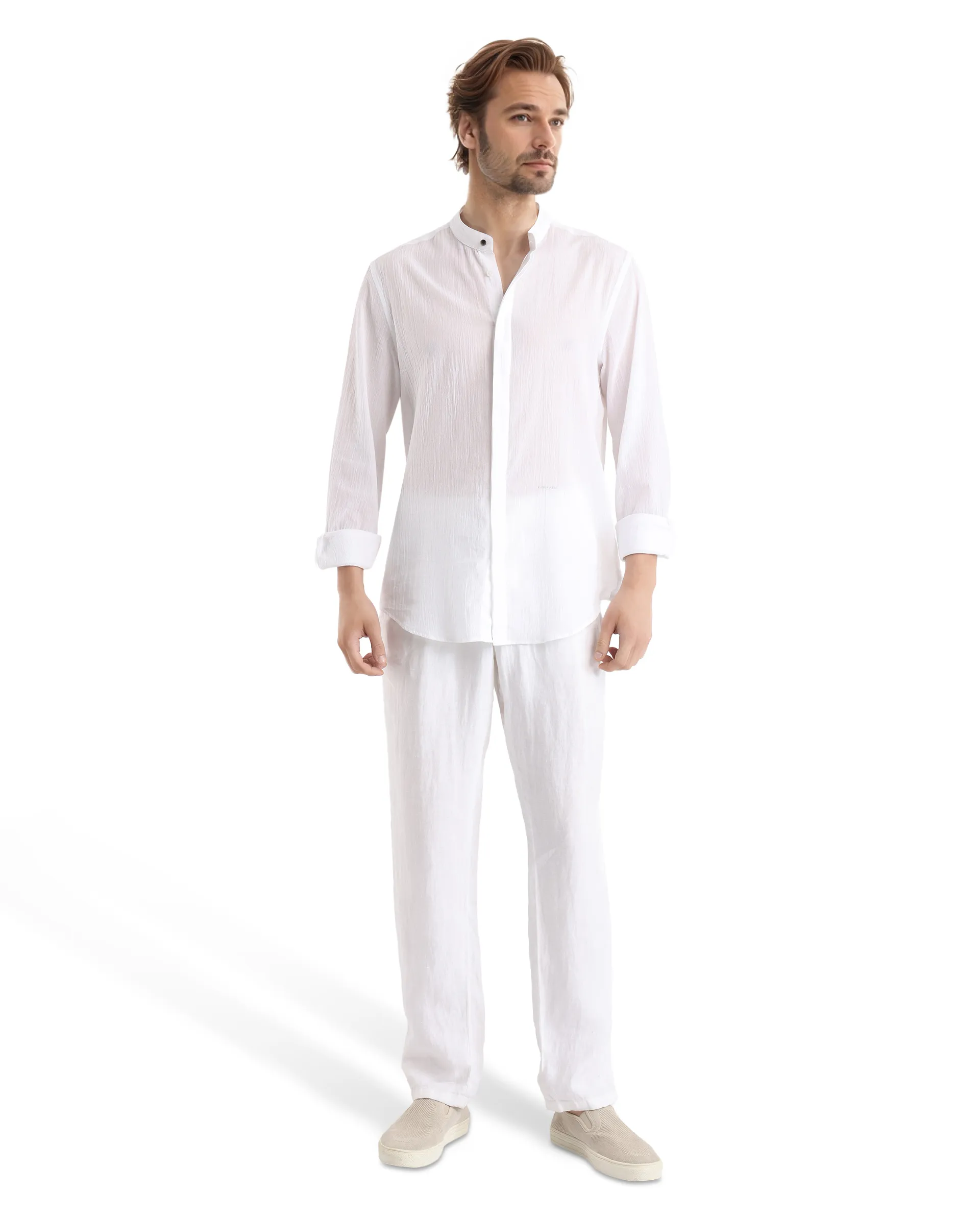 Rare Rabbit Men's Crinkle-25 White Plain Regular Fit Full Sleeve Mandarin Collar Shirt - Image 2