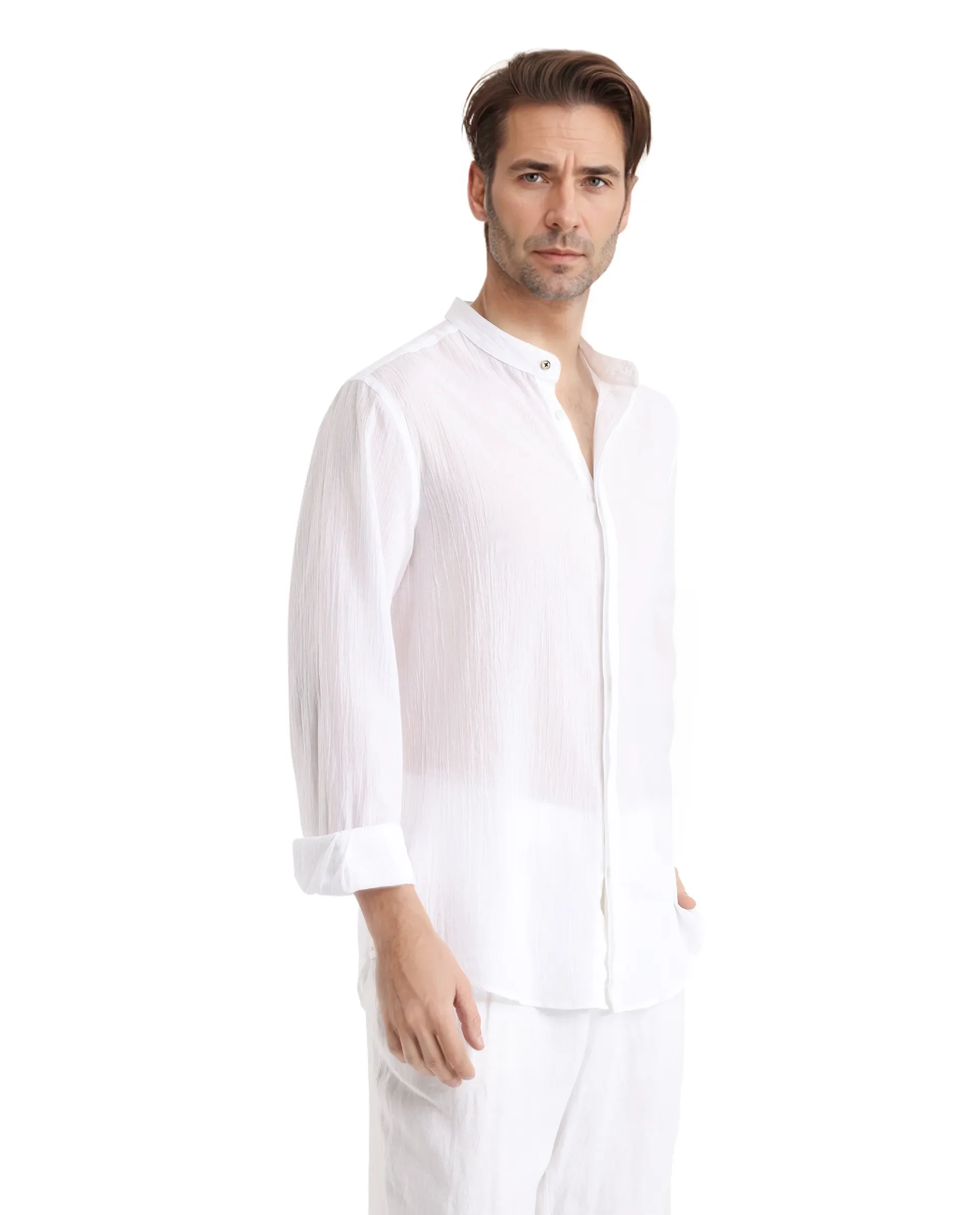 Rare Rabbit Men's Crinkle-25 White Plain Regular Fit Full Sleeve Mandarin Collar Shirt - Image 5