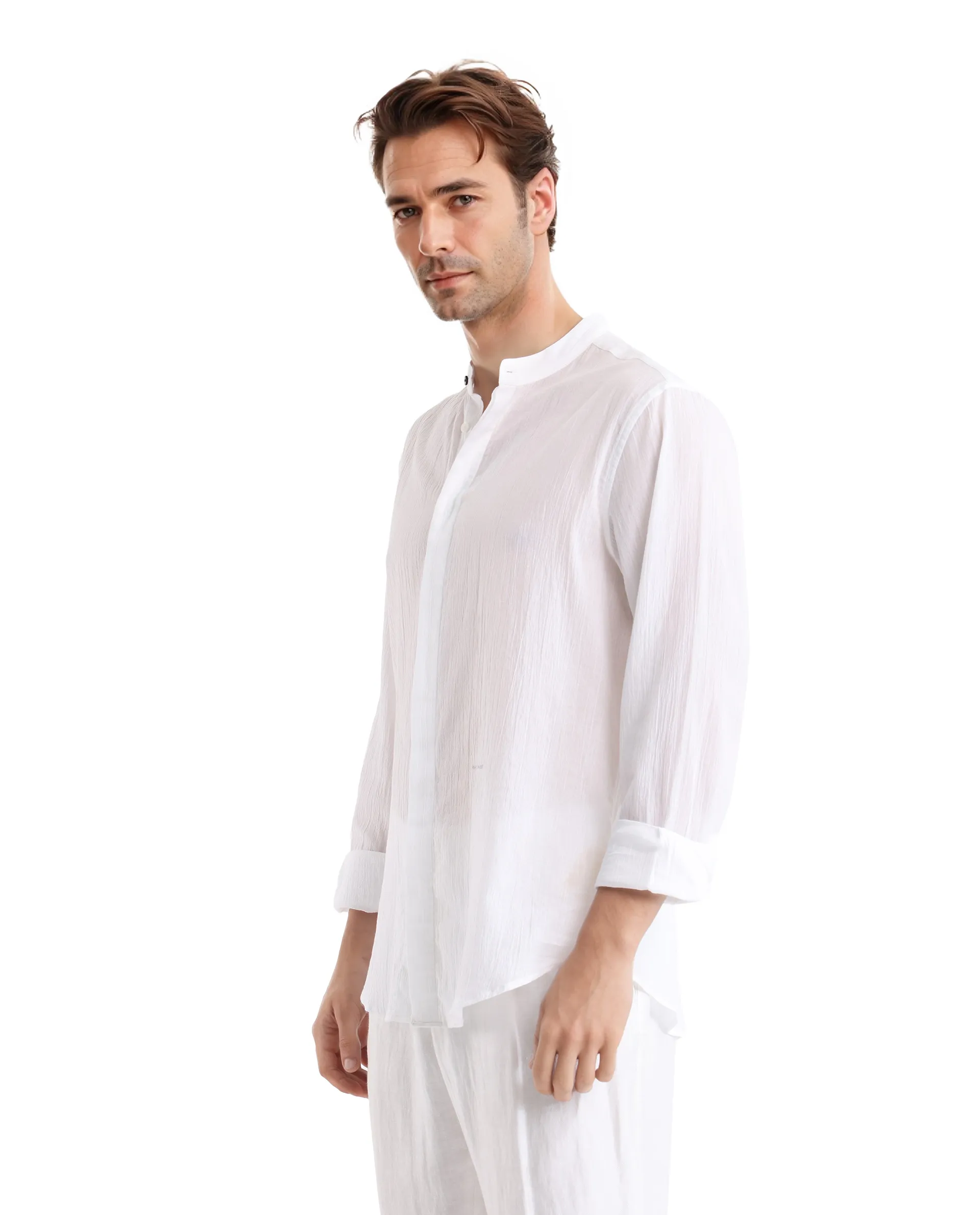 Rare Rabbit Men's Crinkle-25 White Plain Regular Fit Full Sleeve Mandarin Collar Shirt - Image 6
