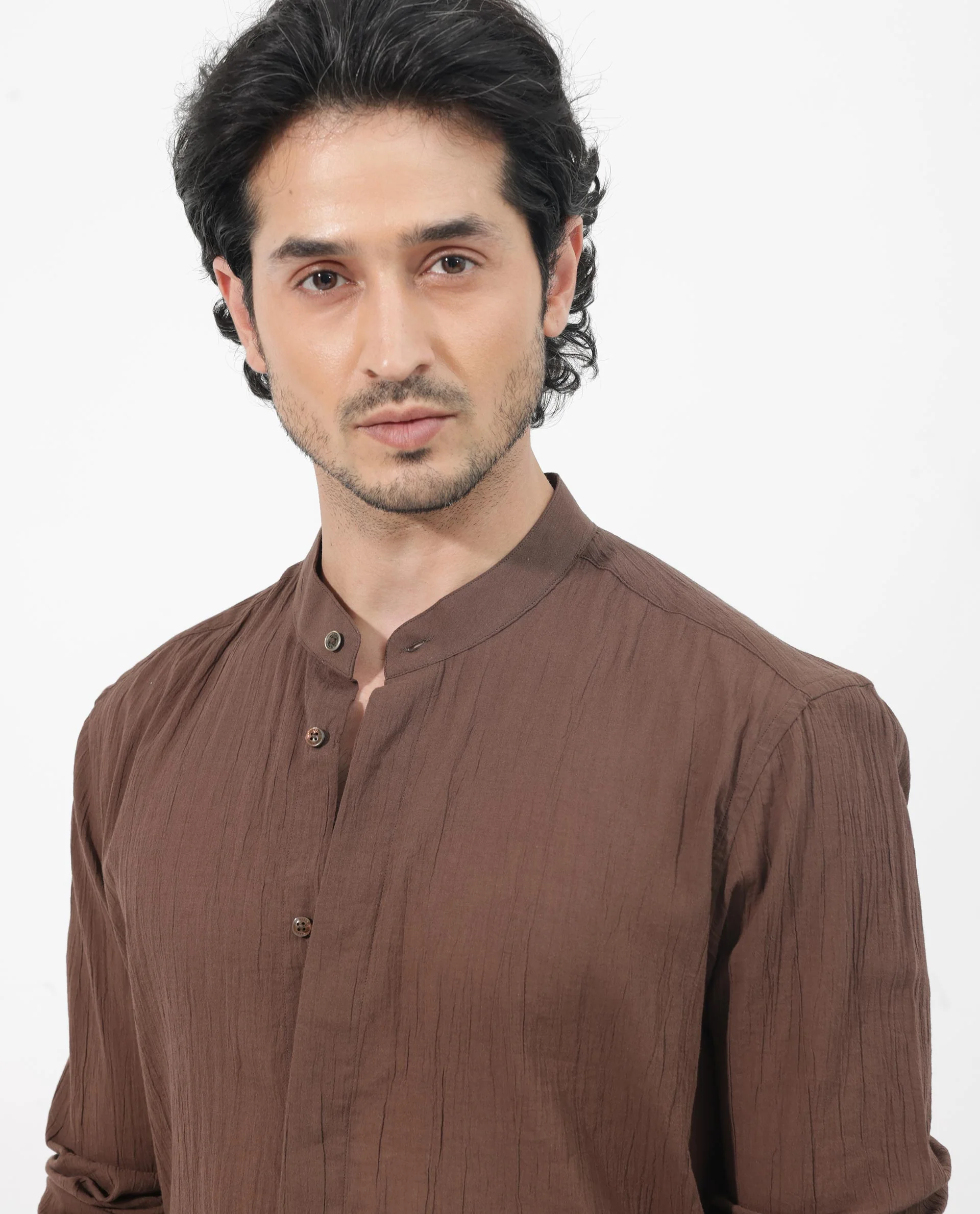 Rare Rabbit Men's Crinkle Ls Brown Cotton Plain Regular Fit Full Sleeve Mandarin Collar Shirt - Image 3