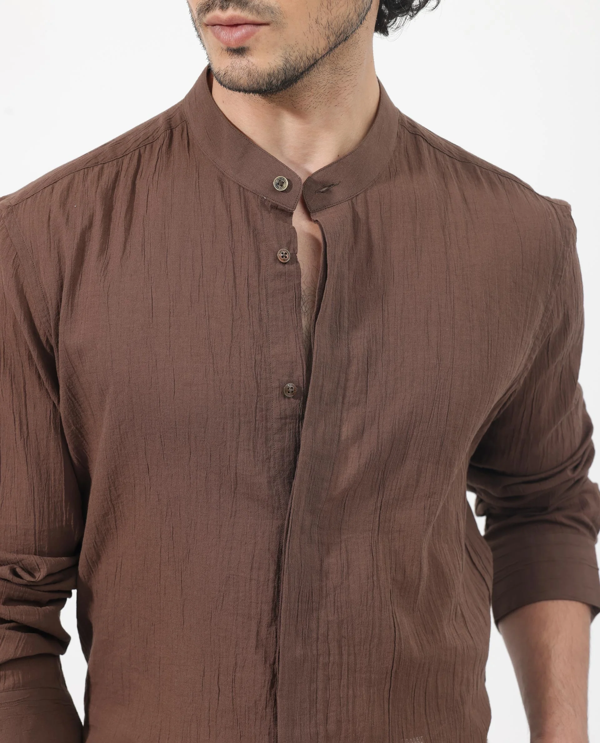 Rare Rabbit Men's Crinkle Ls Brown Cotton Plain Regular Fit Full Sleeve Mandarin Collar Shirt - Image 5