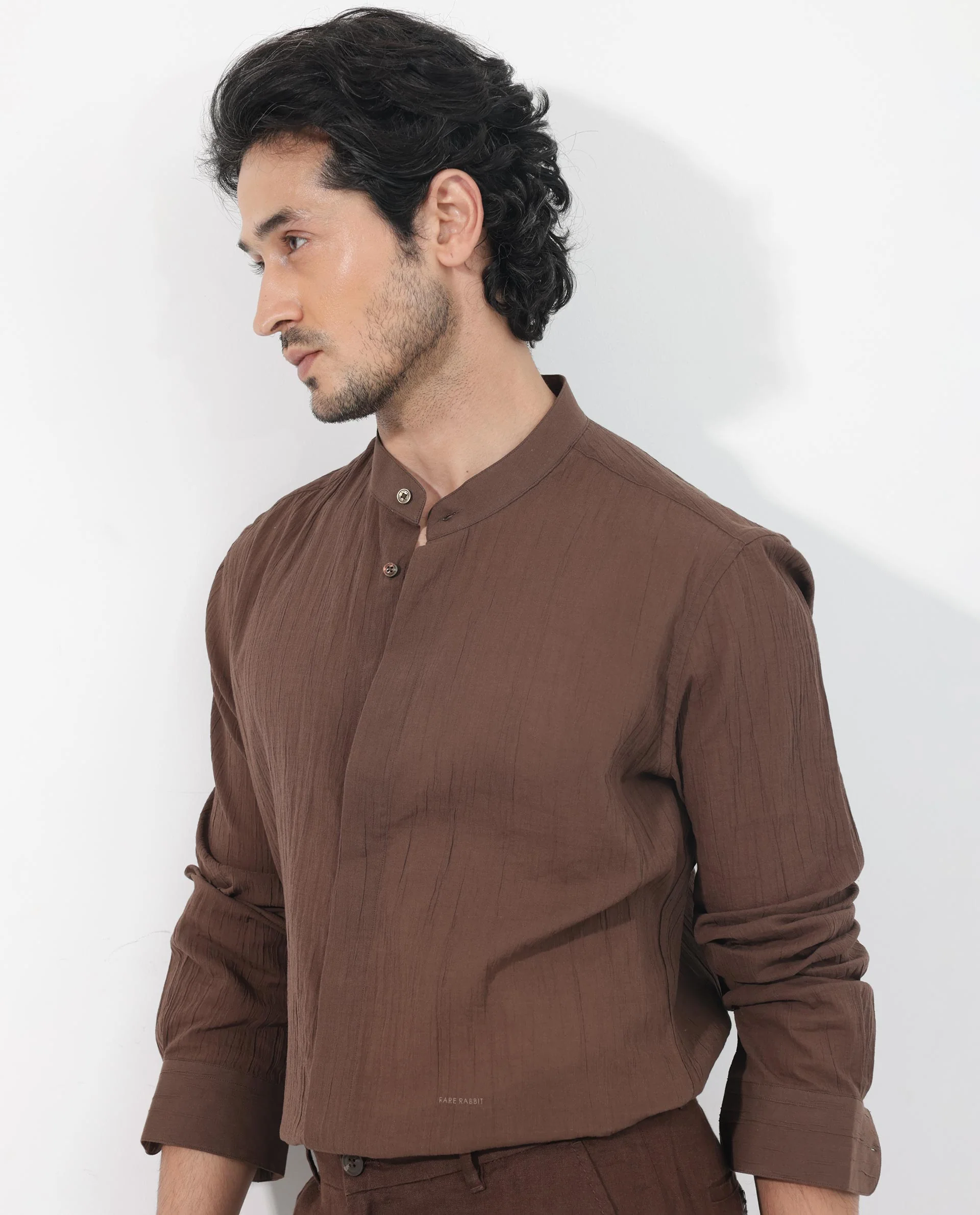 Rare Rabbit Men's Crinkle Ls Brown Cotton Plain Regular Fit Full Sleeve Mandarin Collar Shirt - Image 6