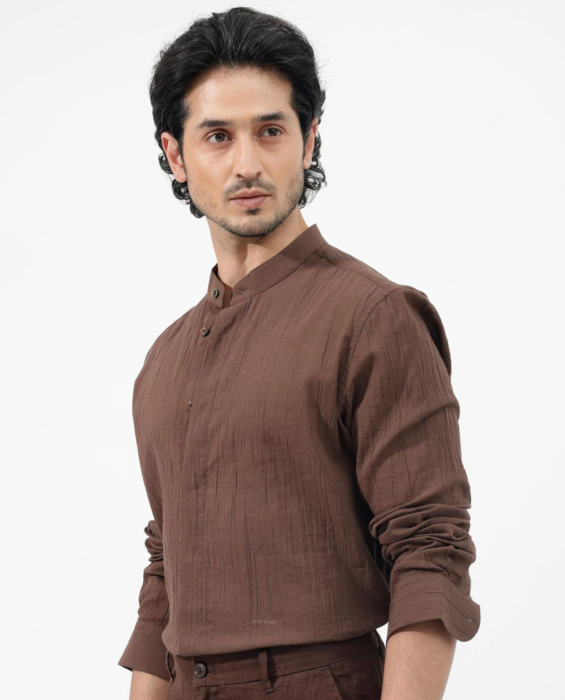 Rare Rabbit Men's Crinkle Ls Brown Cotton Plain Regular Fit Full Sleeve Mandarin Collar Shirt - Image 7