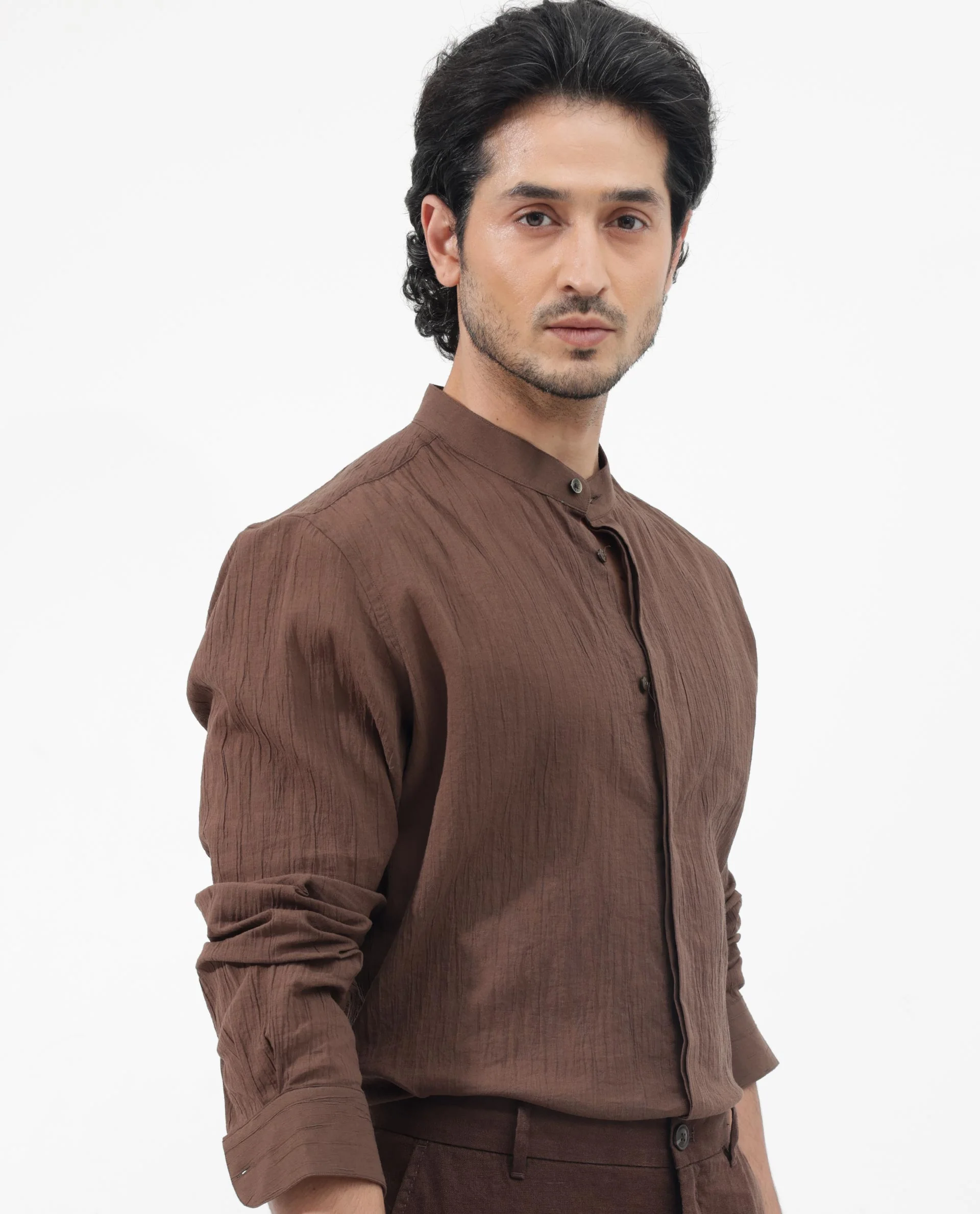 Rare Rabbit Men's Crinkle Ls Brown Cotton Plain Regular Fit Full Sleeve Mandarin Collar Shirt - Image 8