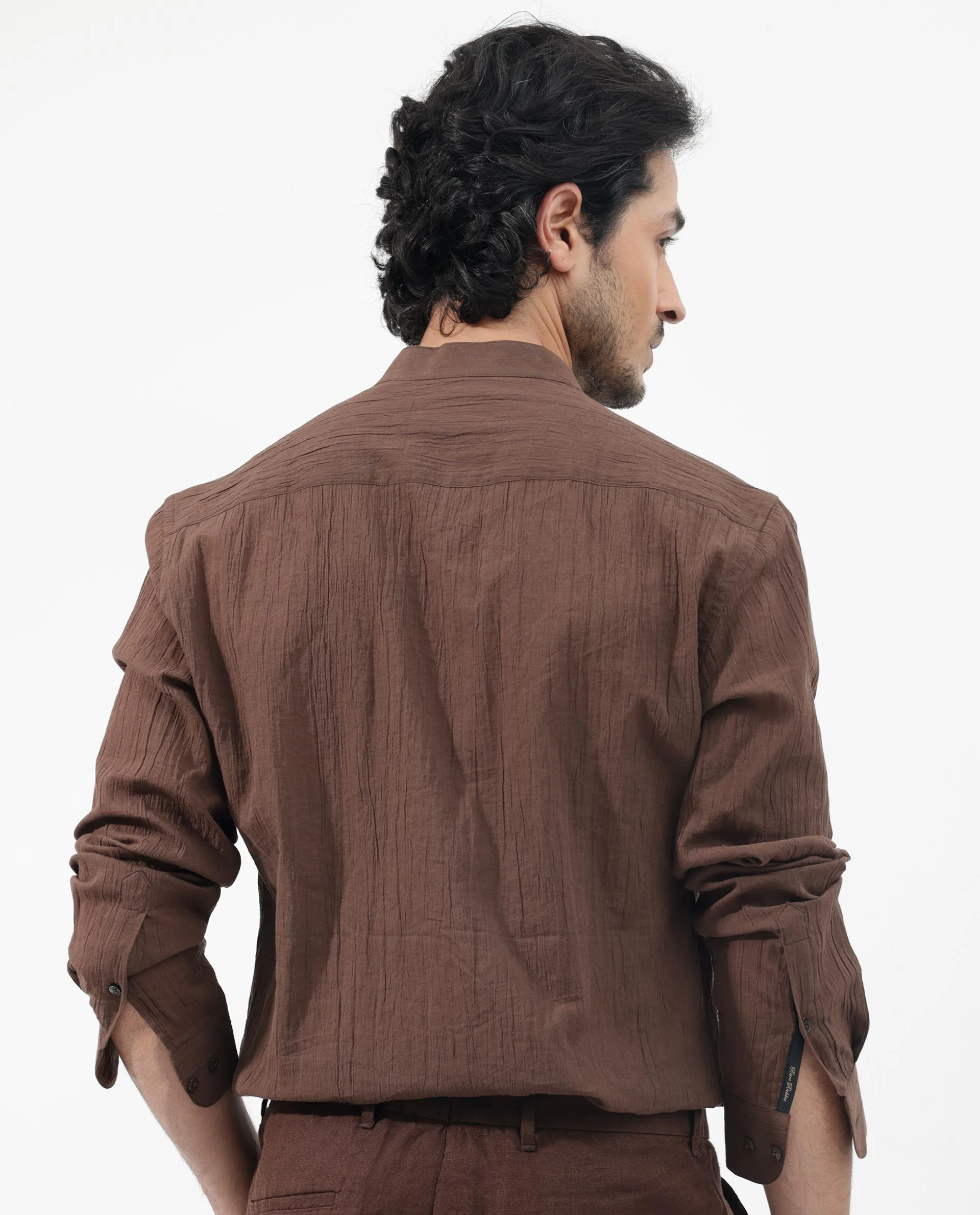 Rare Rabbit Men's Crinkle Ls Brown Cotton Plain Regular Fit Full Sleeve Mandarin Collar Shirt - Image 9