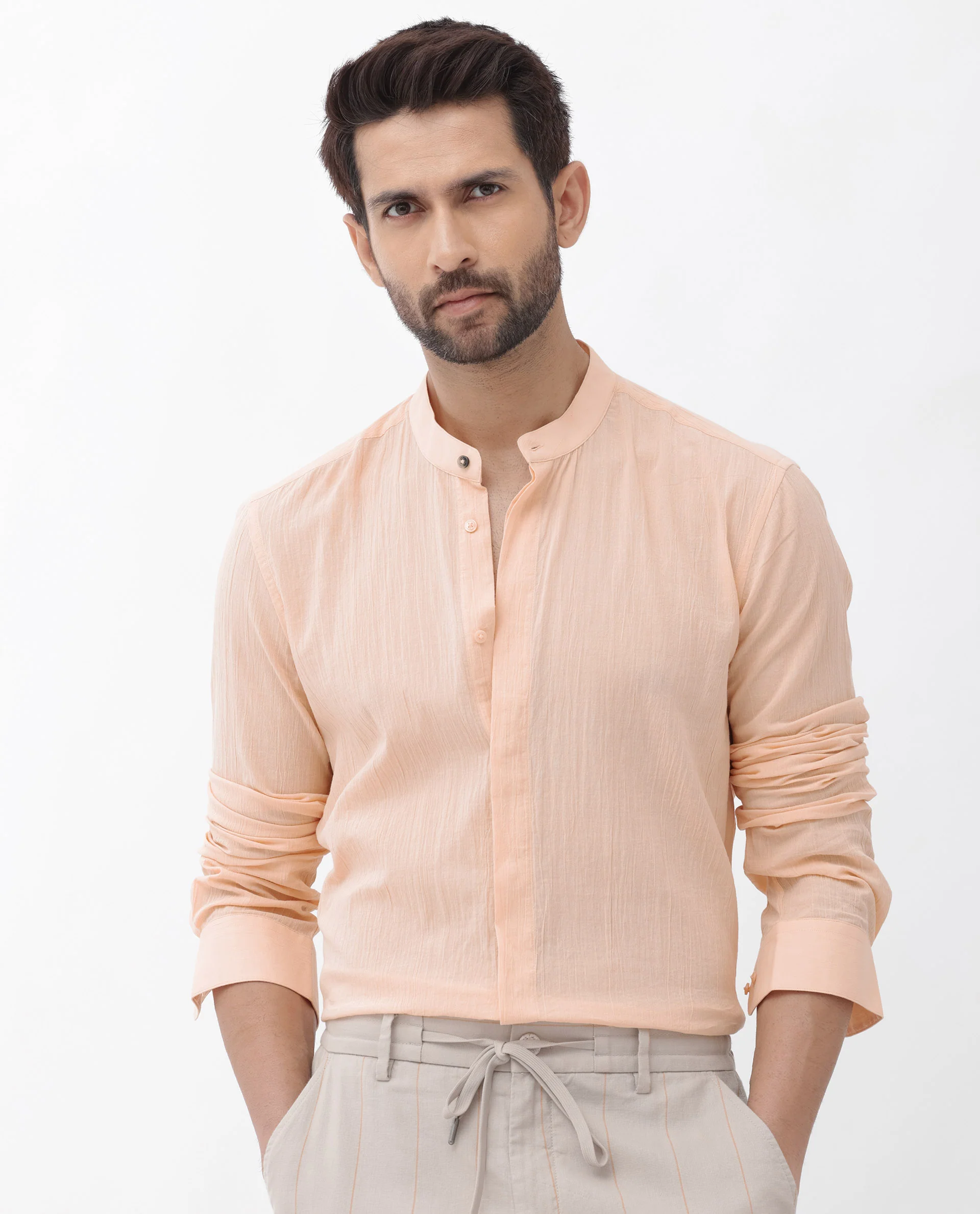 Rare Rabbit Men's Crinkle Ls Light Orange Cotton Plain Regular Fit Full Sleeve Mandarin Collar Shirt