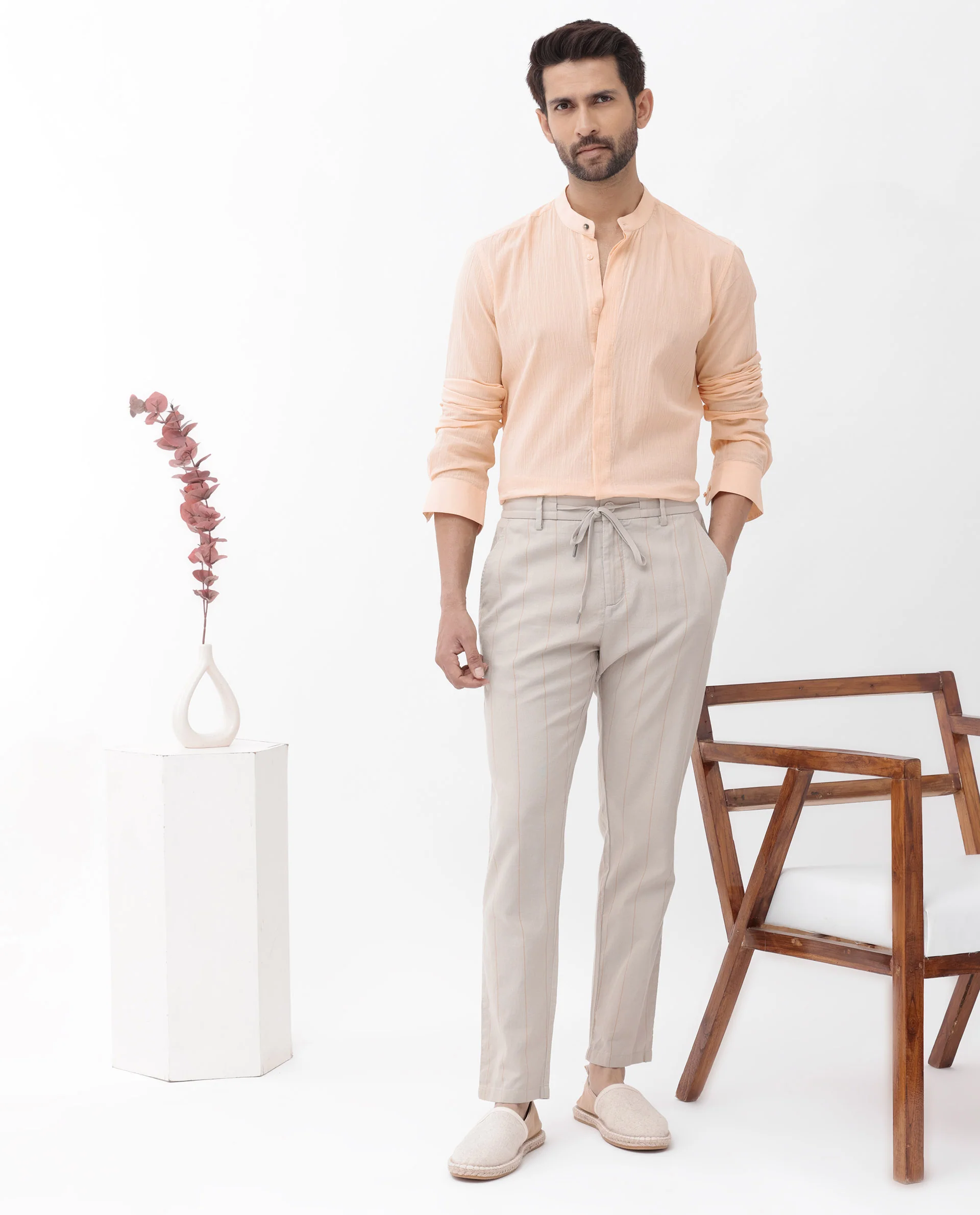 Rare Rabbit Men's Crinkle Ls Light Orange Cotton Plain Regular Fit Full Sleeve Mandarin Collar Shirt - Image 2