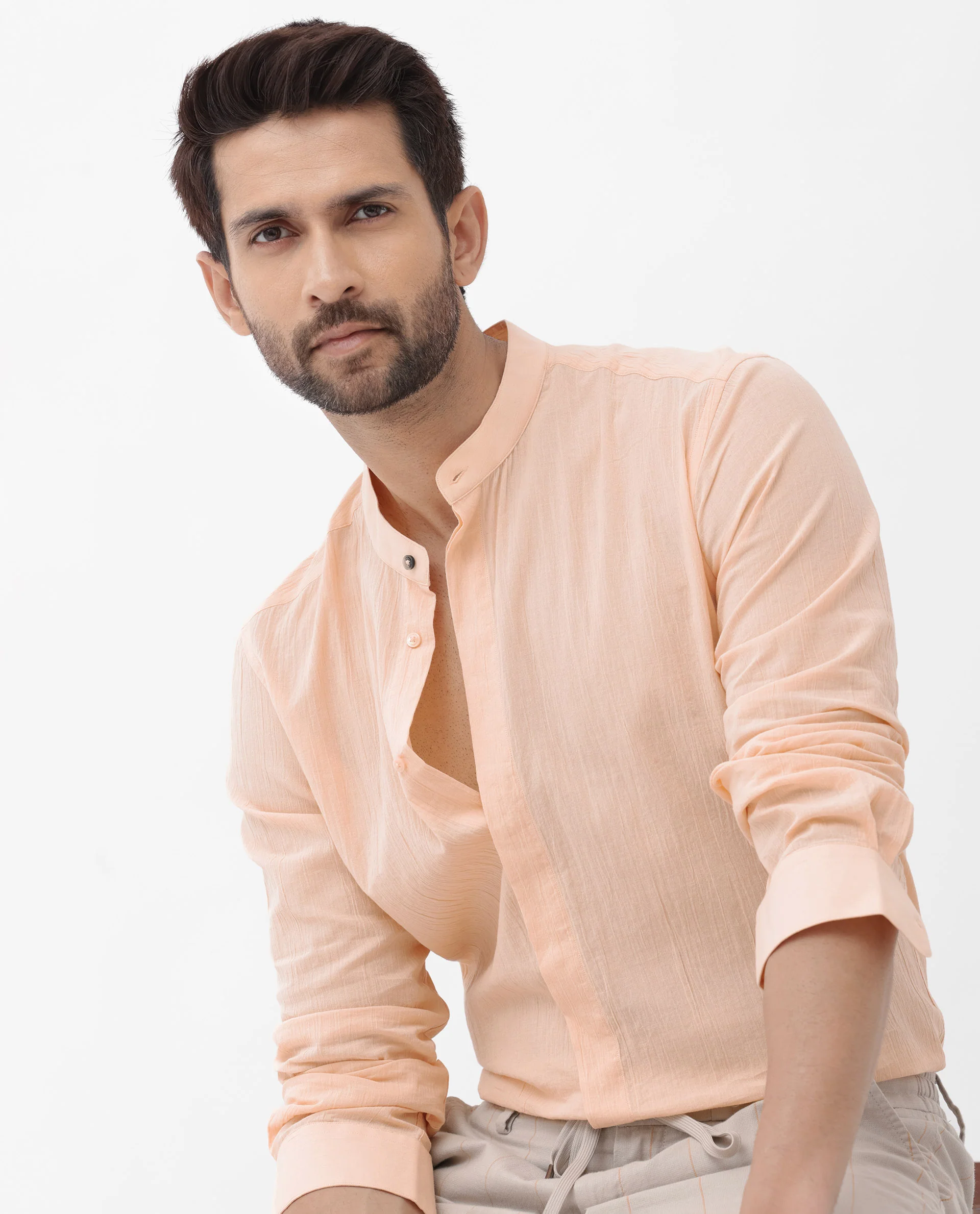 Rare Rabbit Men's Crinkle Ls Light Orange Cotton Plain Regular Fit Full Sleeve Mandarin Collar Shirt - Image 3