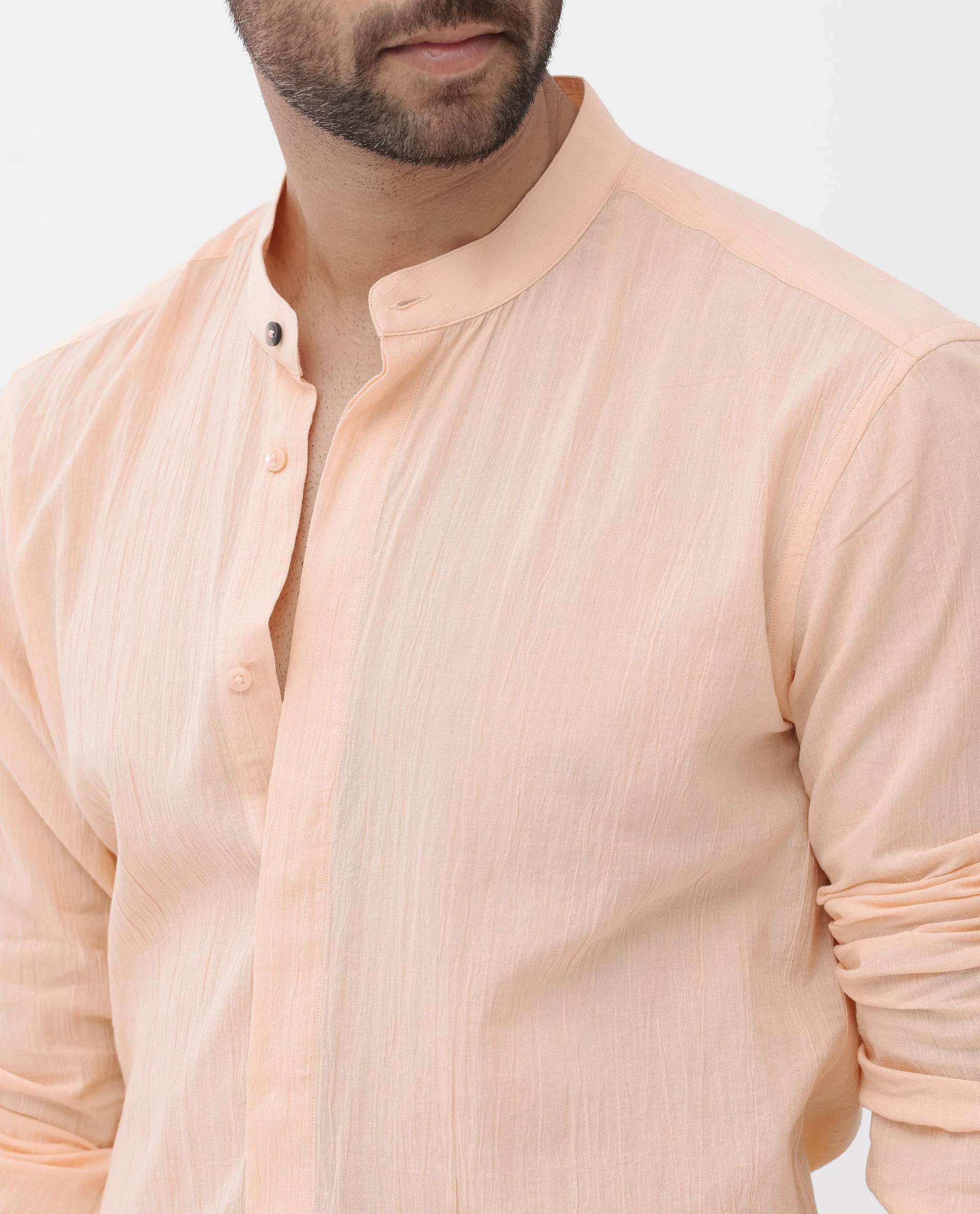 Rare Rabbit Men's Crinkle Ls Light Orange Cotton Plain Regular Fit Full Sleeve Mandarin Collar Shirt - Image 5