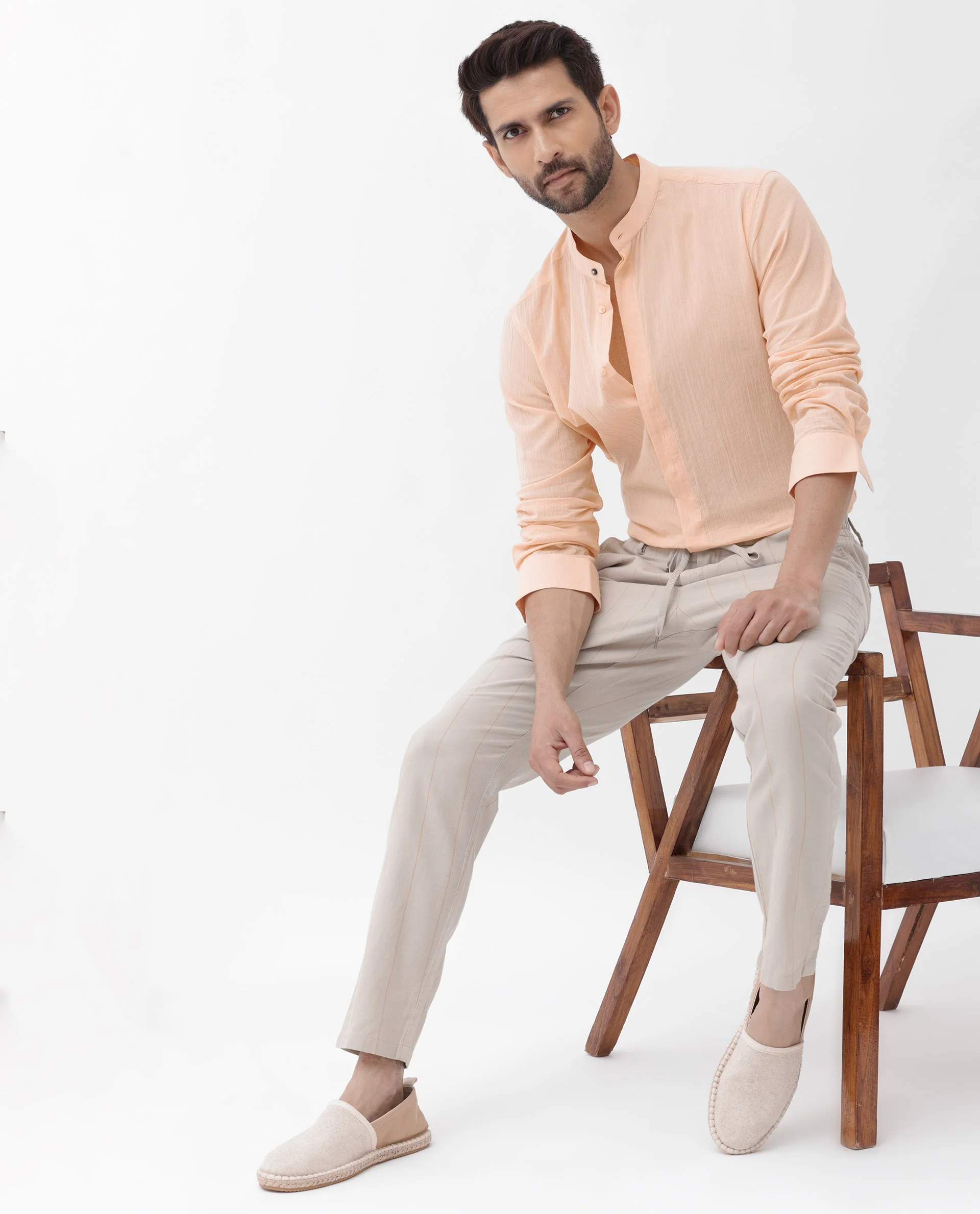 Rare Rabbit Men's Crinkle Ls Light Orange Cotton Plain Regular Fit Full Sleeve Mandarin Collar Shirt - Image 6