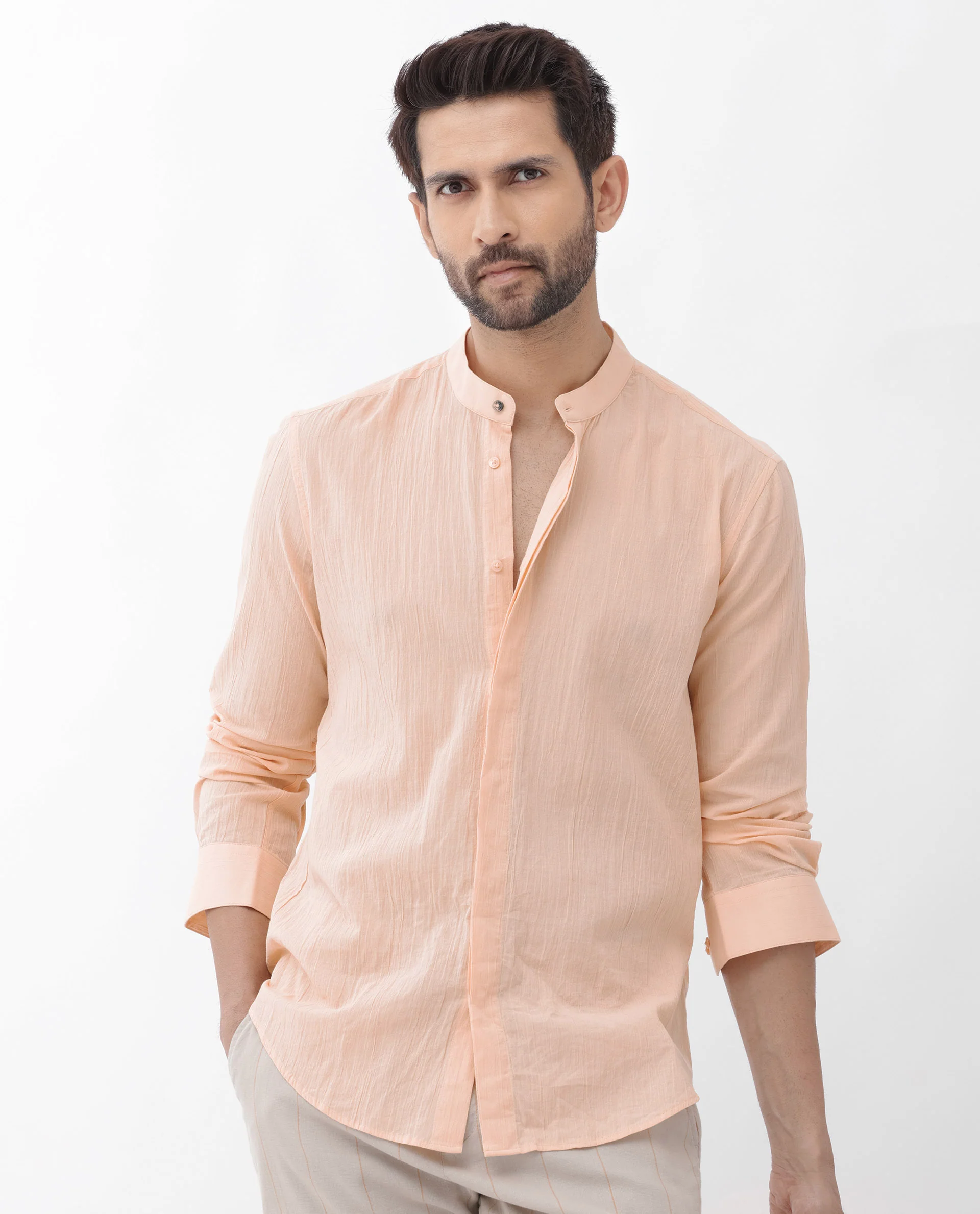 Rare Rabbit Men's Crinkle Ls Light Orange Cotton Plain Regular Fit Full Sleeve Mandarin Collar Shirt - Image 7