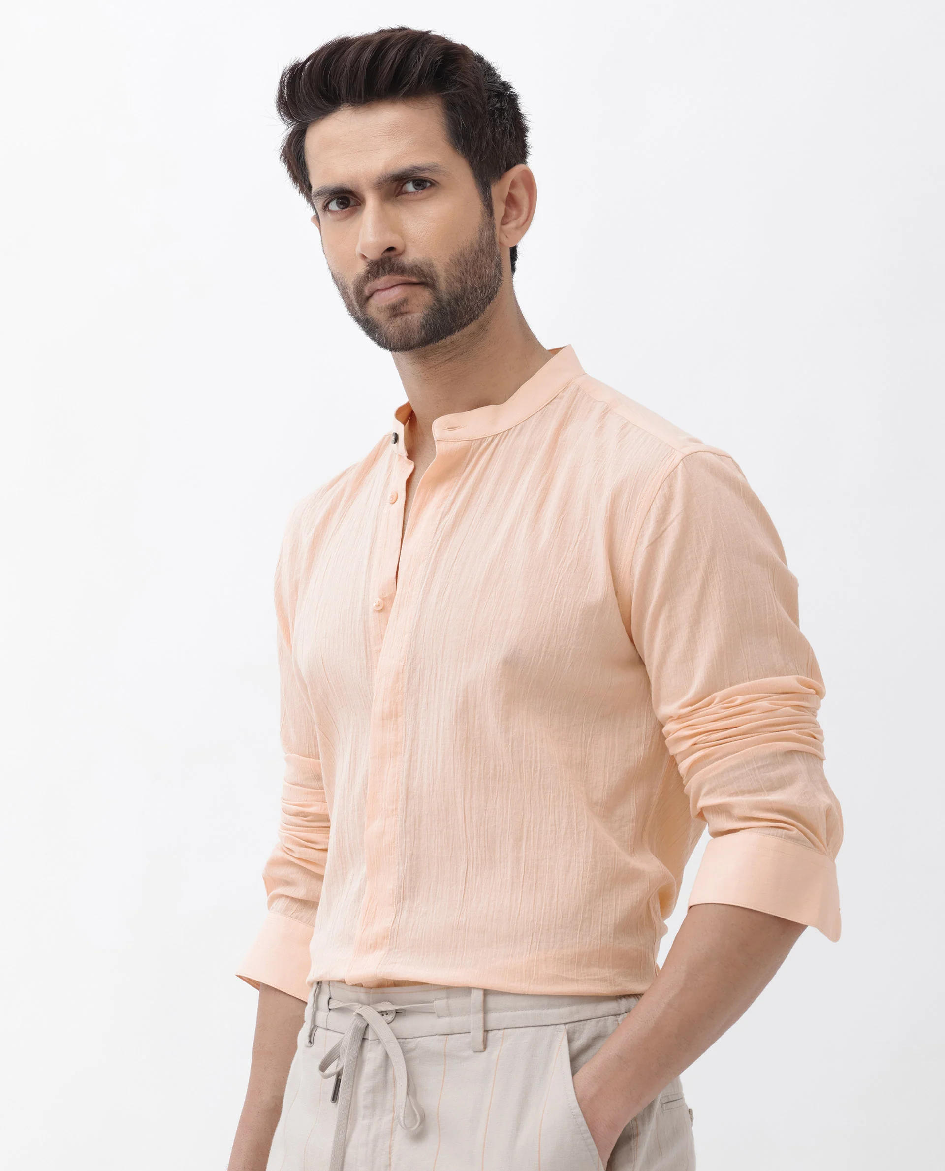Rare Rabbit Men's Crinkle Ls Light Orange Cotton Plain Regular Fit Full Sleeve Mandarin Collar Shirt - Image 8