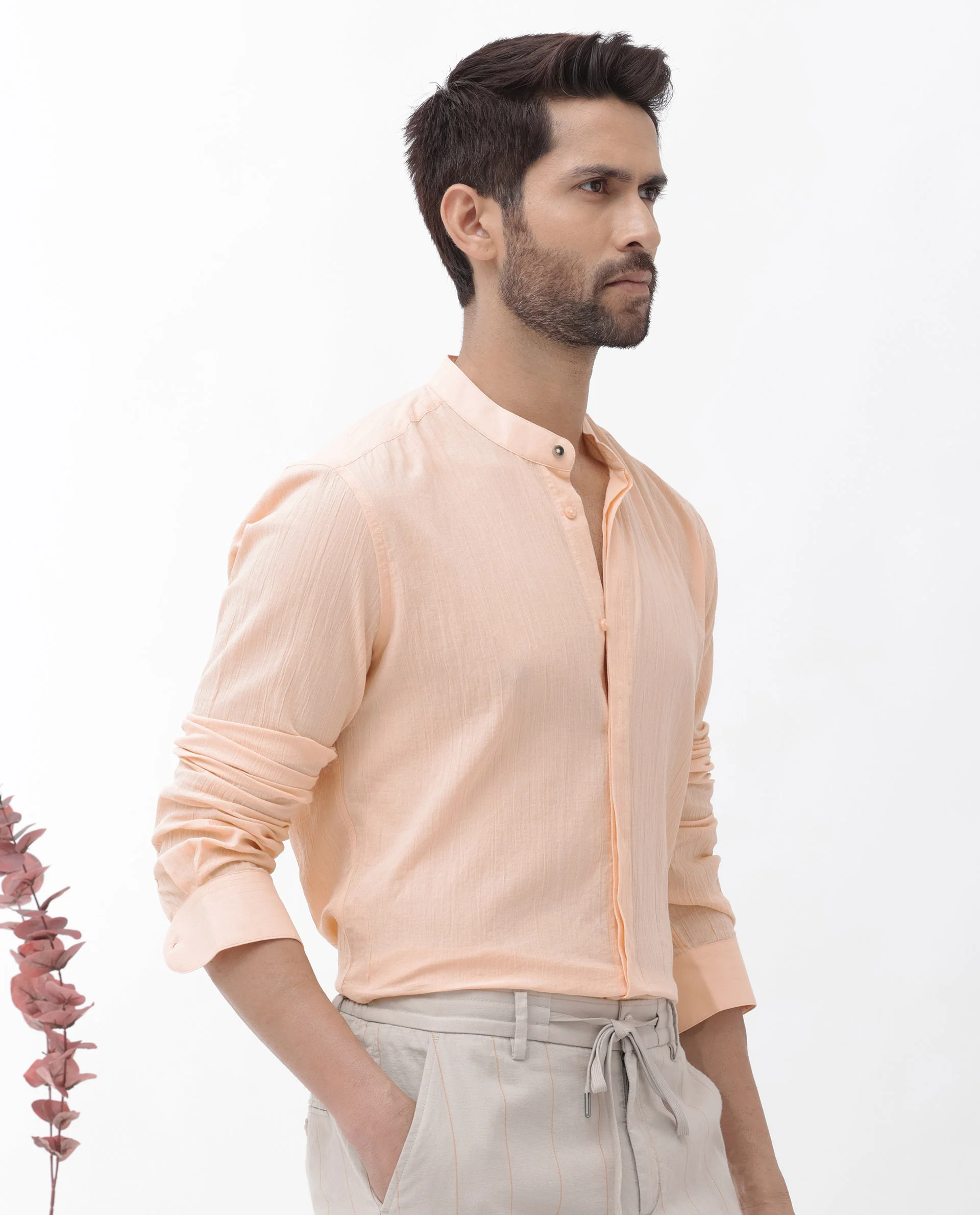 Rare Rabbit Men's Crinkle Ls Light Orange Cotton Plain Regular Fit Full Sleeve Mandarin Collar Shirt - Image 9