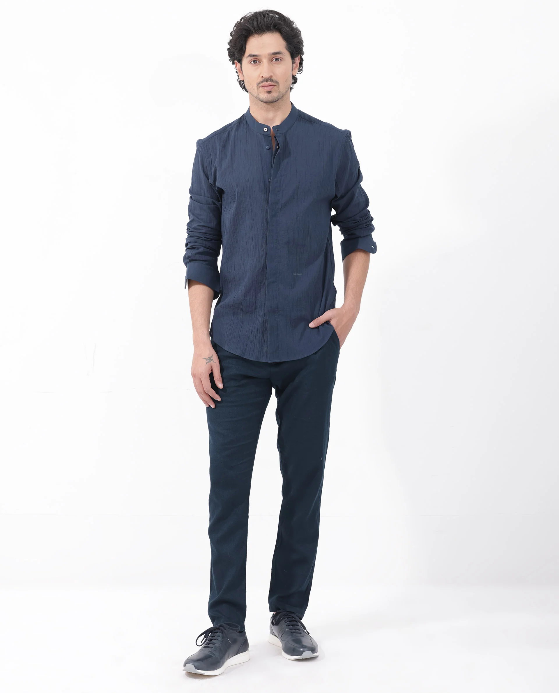 Rare Rabbit Men's Crinkle Ls Navy Cotton Plain Regular Fit Full Sleeve Mandarin Collar Shirt - Image 2
