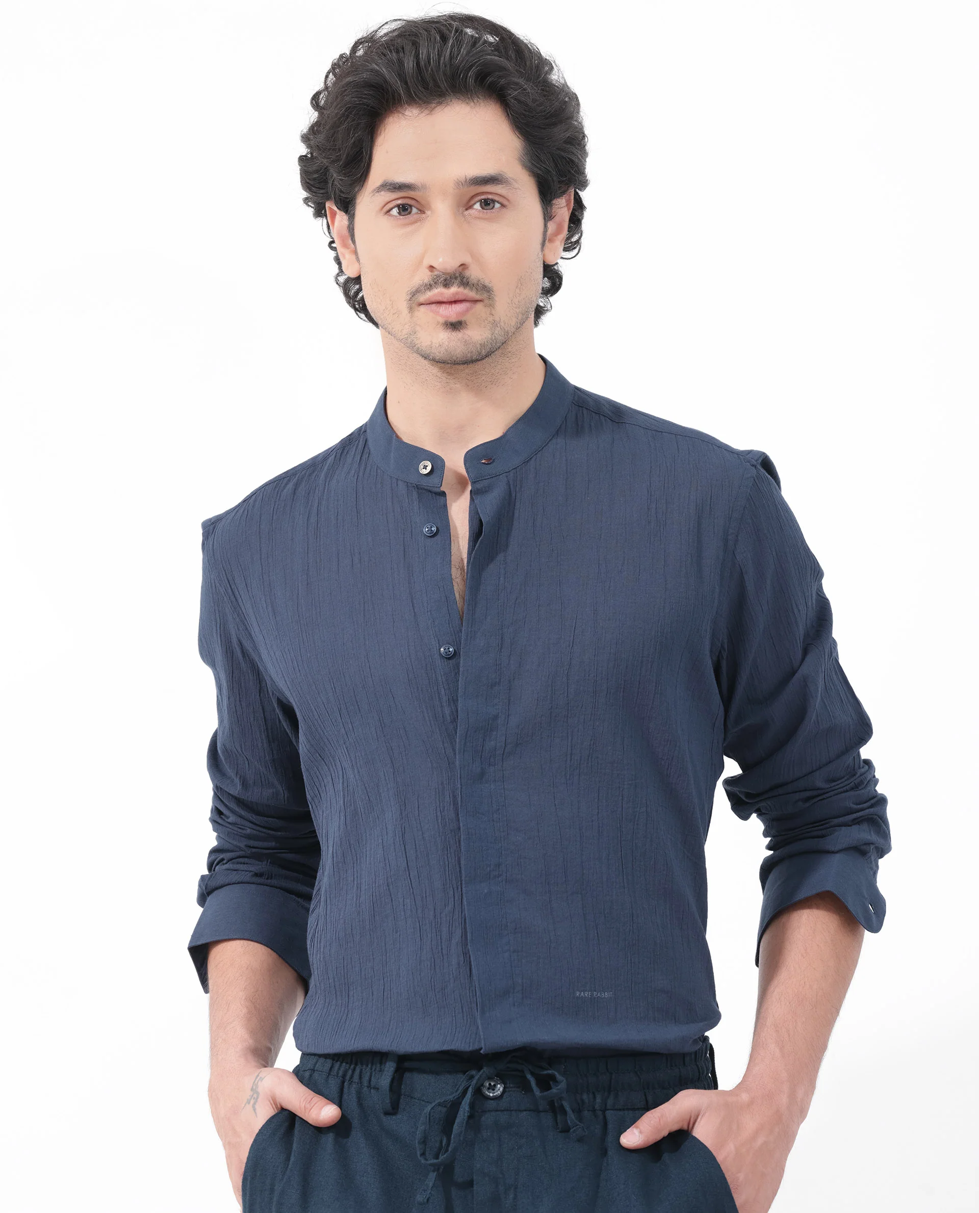 Rare Rabbit Men's Crinkle Ls Navy Cotton Plain Regular Fit Full Sleeve Mandarin Collar Shirt - Image 3
