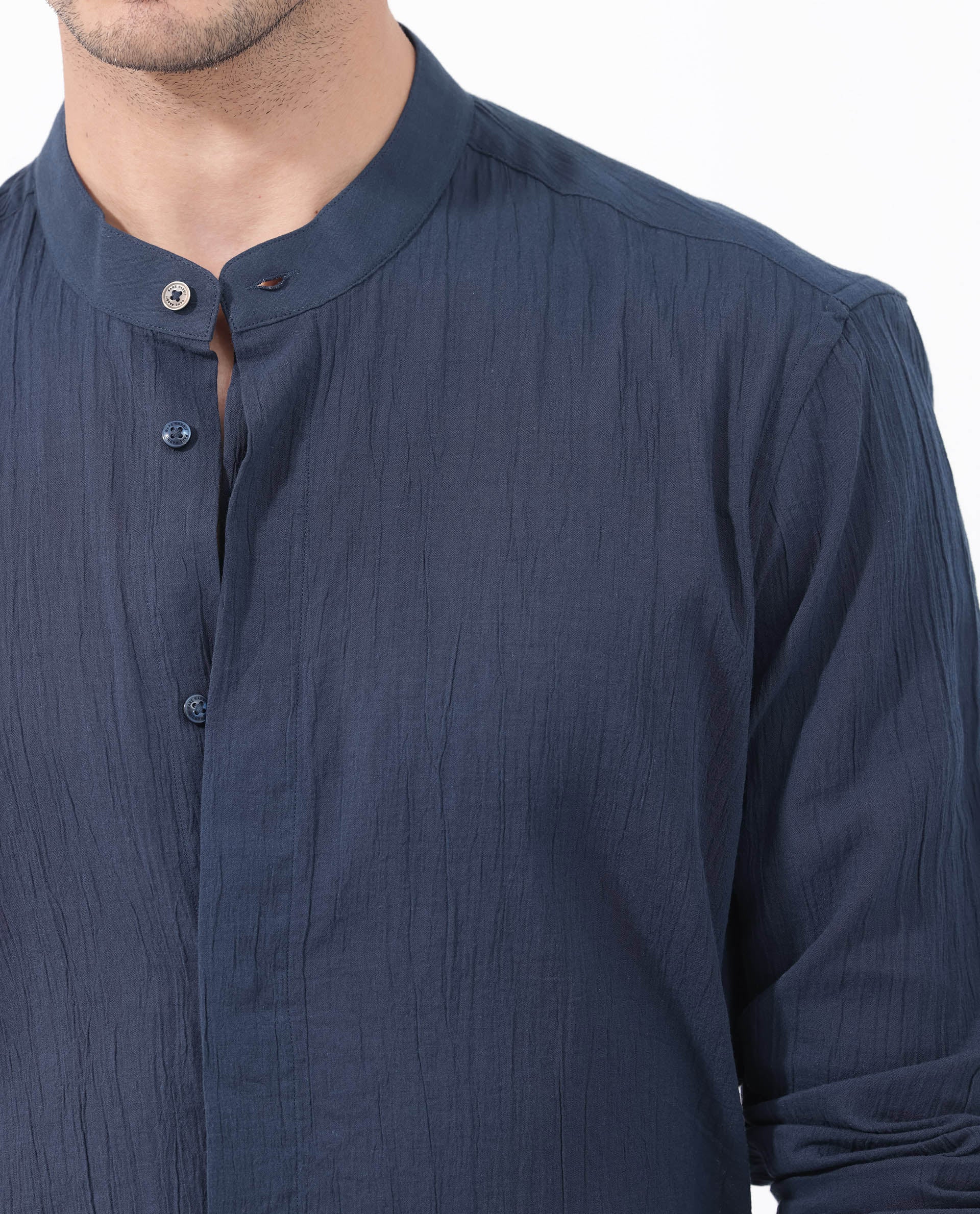 Rare Rabbit Men's Crinkle Ls Navy Cotton Plain Regular Fit Full Sleeve Mandarin Collar Shirt - Image 4