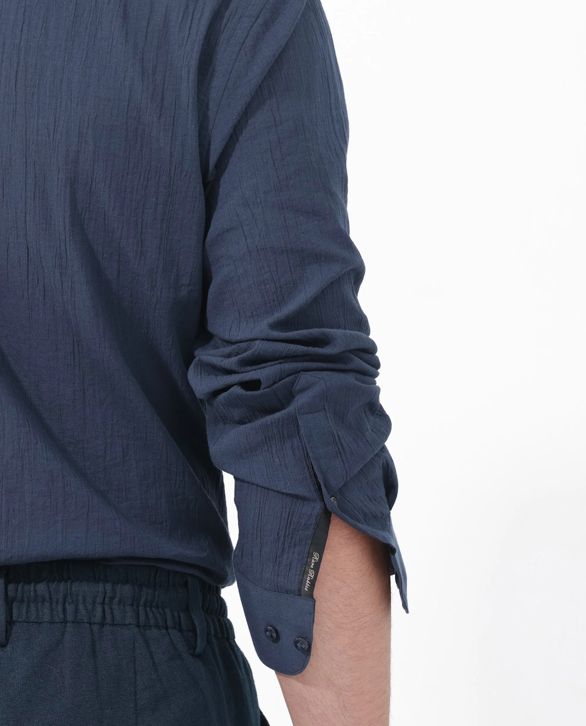 Rare Rabbit Men's Crinkle Ls Navy Cotton Plain Regular Fit Full Sleeve Mandarin Collar Shirt - Image 5