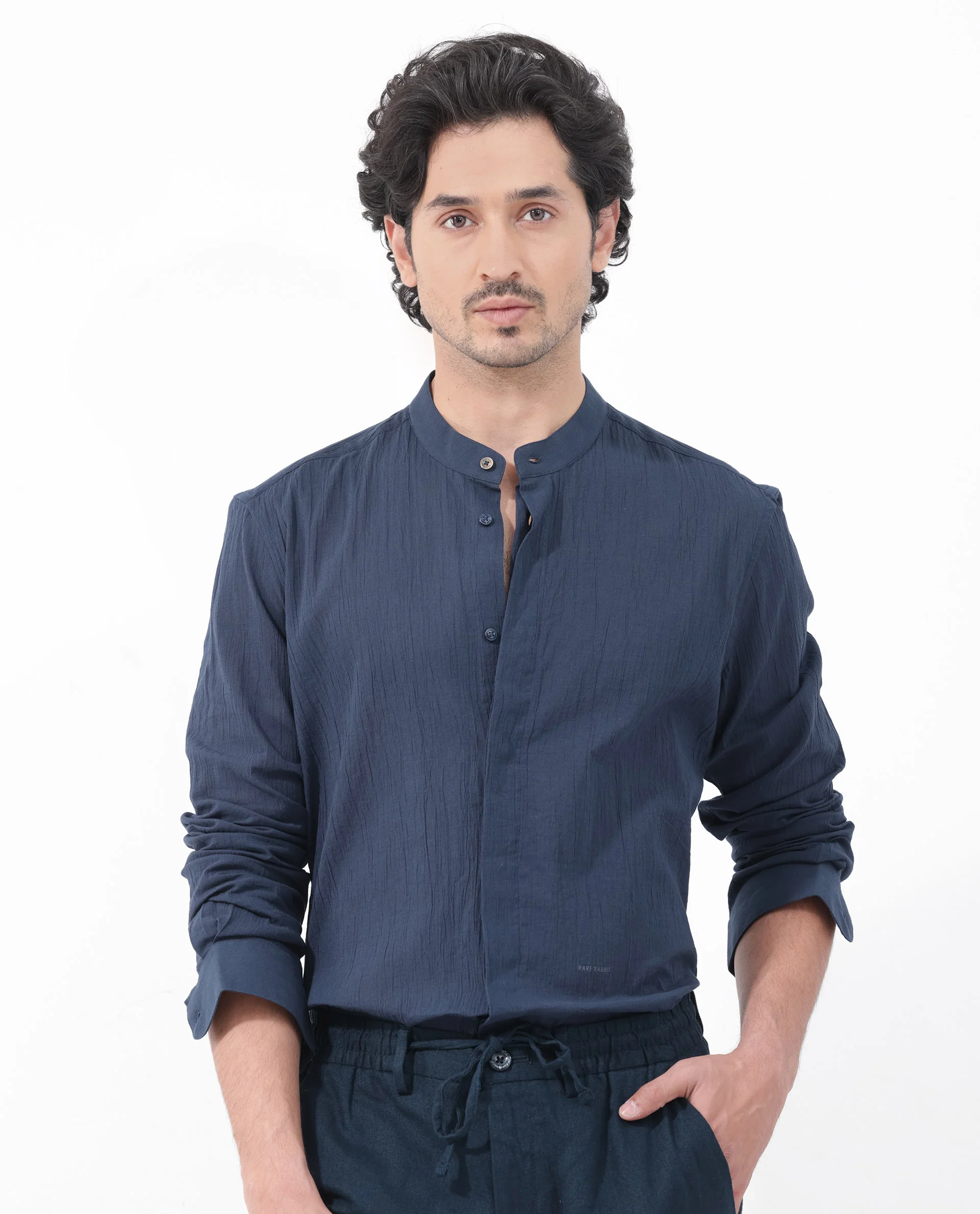 Rare Rabbit Men's Crinkle Ls Navy Cotton Plain Regular Fit Full Sleeve Mandarin Collar Shirt - Image 6