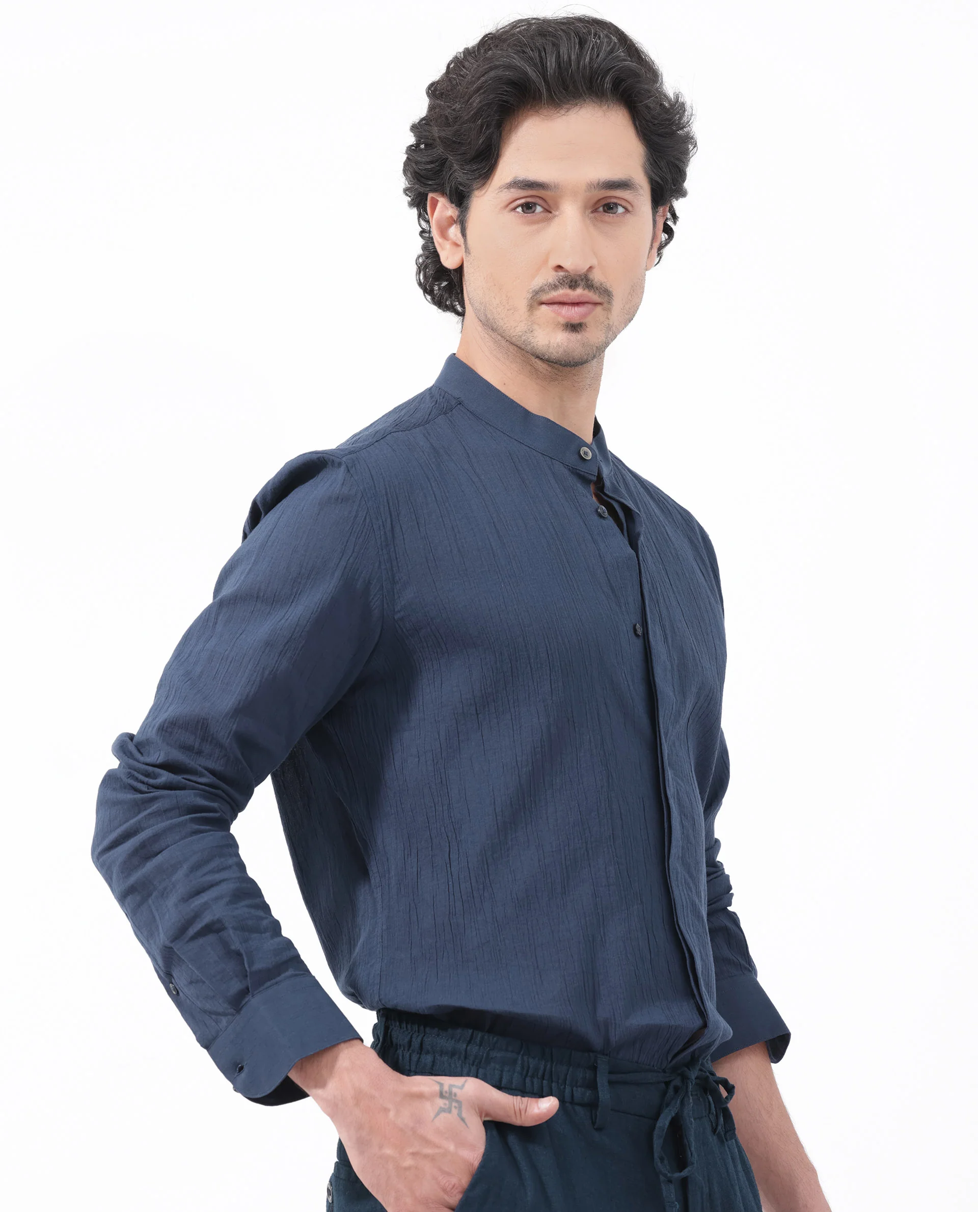 Rare Rabbit Men's Crinkle Ls Navy Cotton Plain Regular Fit Full Sleeve Mandarin Collar Shirt - Image 8