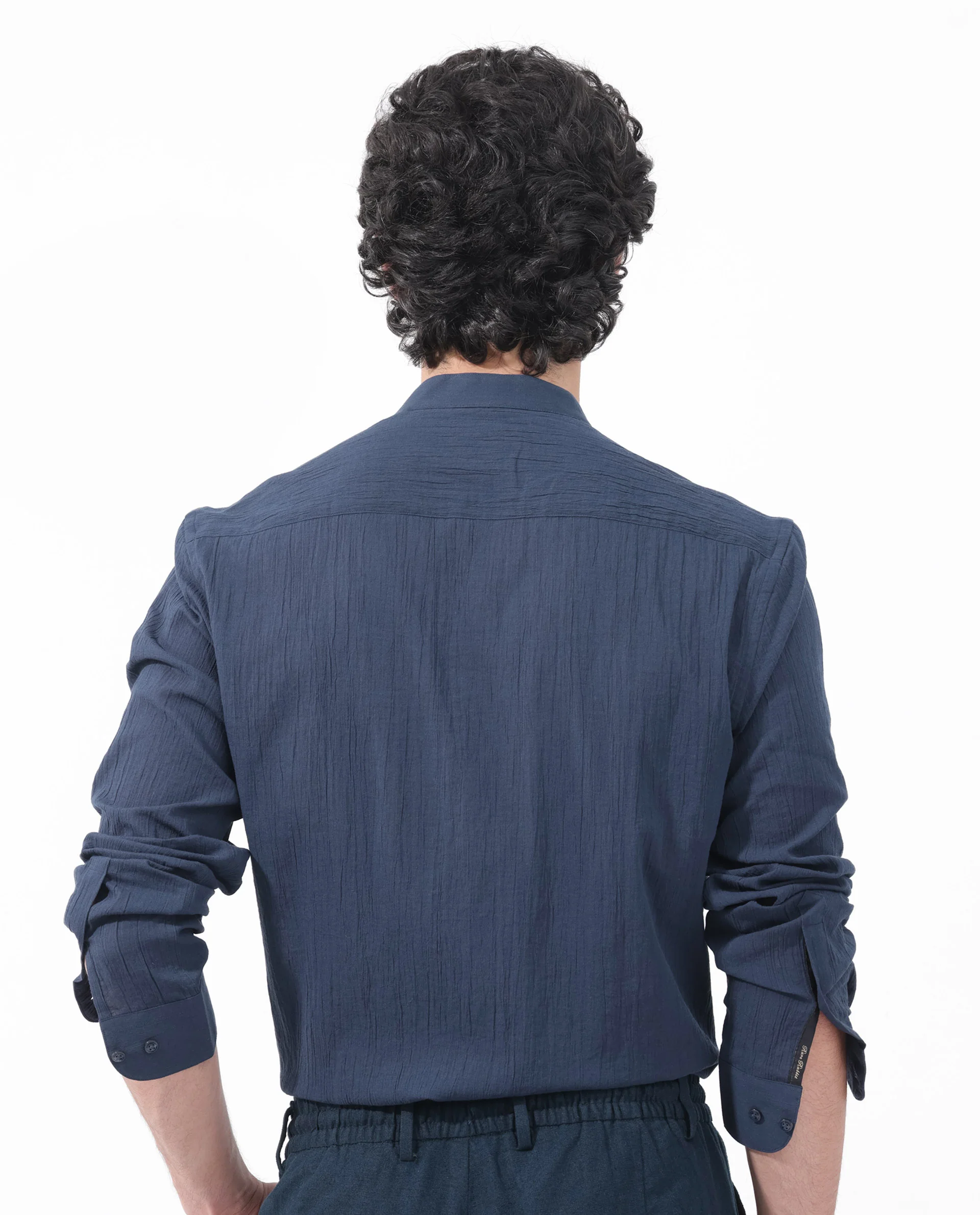 Rare Rabbit Men's Crinkle Ls Navy Cotton Plain Regular Fit Full Sleeve Mandarin Collar Shirt - Image 9