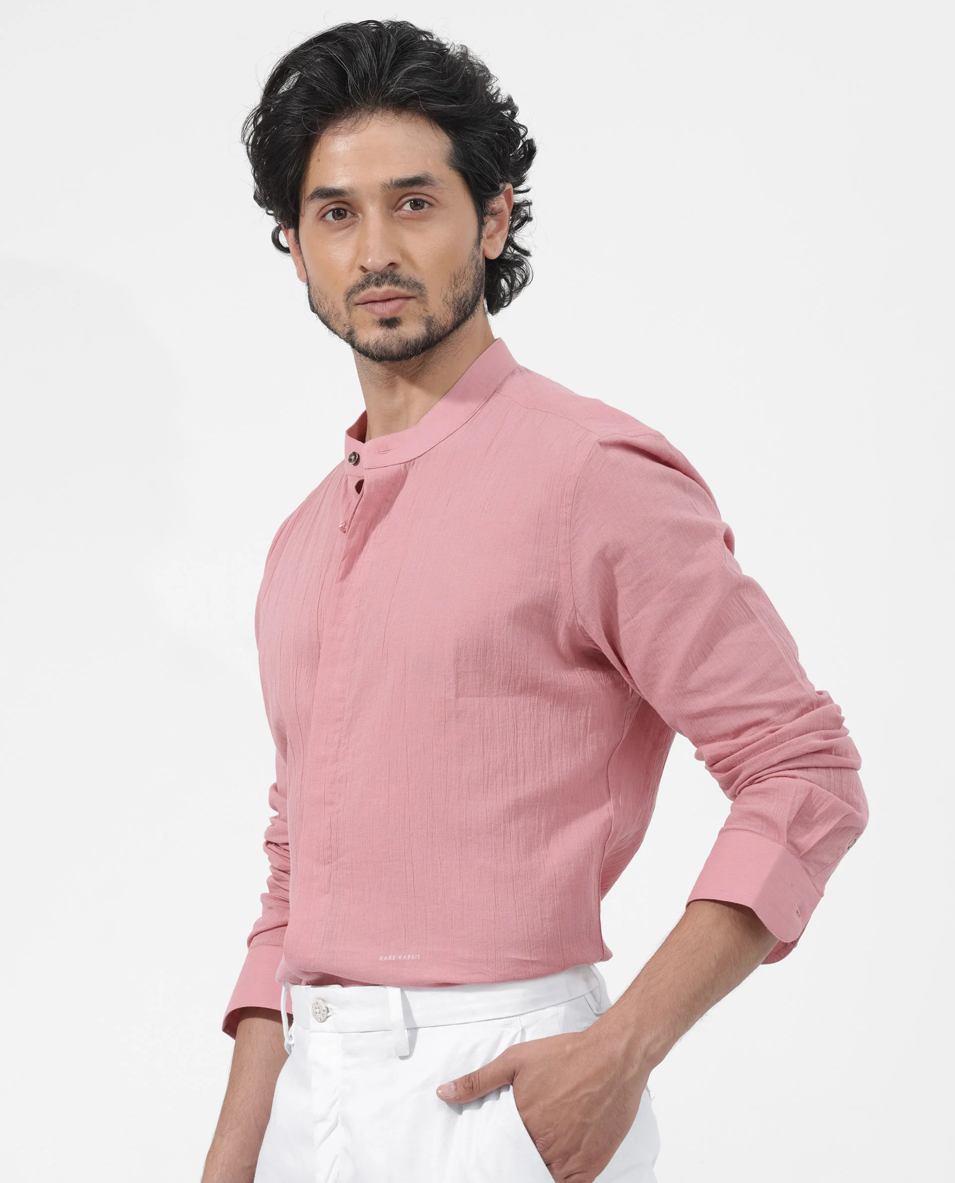 Rare Rabbit Men's Crinkle Ls Pink Cotton Plain Regular Fit Full Sleeve Mandarin Collar Shirt - Image 3