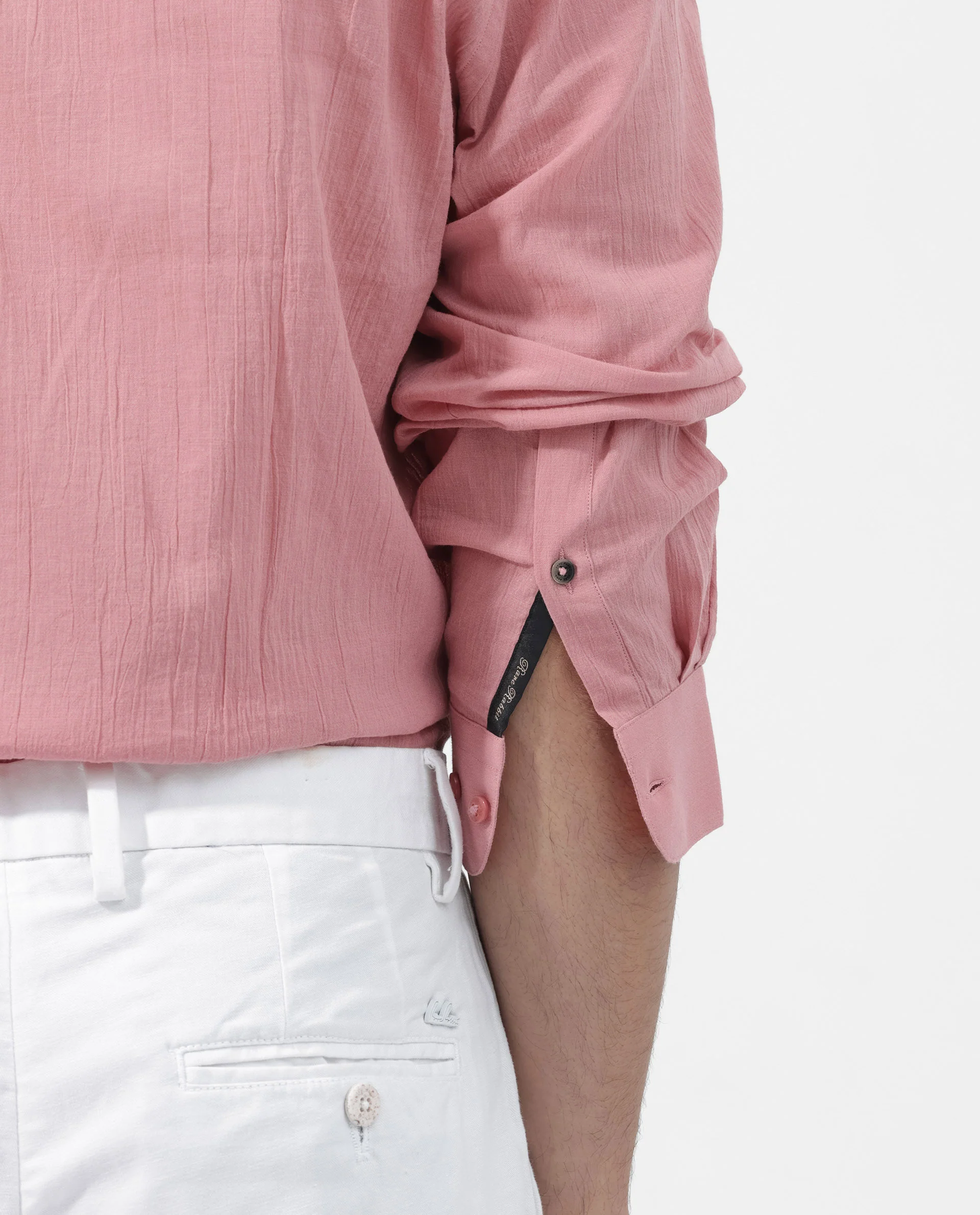 Rare Rabbit Men's Crinkle Ls Pink Cotton Plain Regular Fit Full Sleeve Mandarin Collar Shirt - Image 4