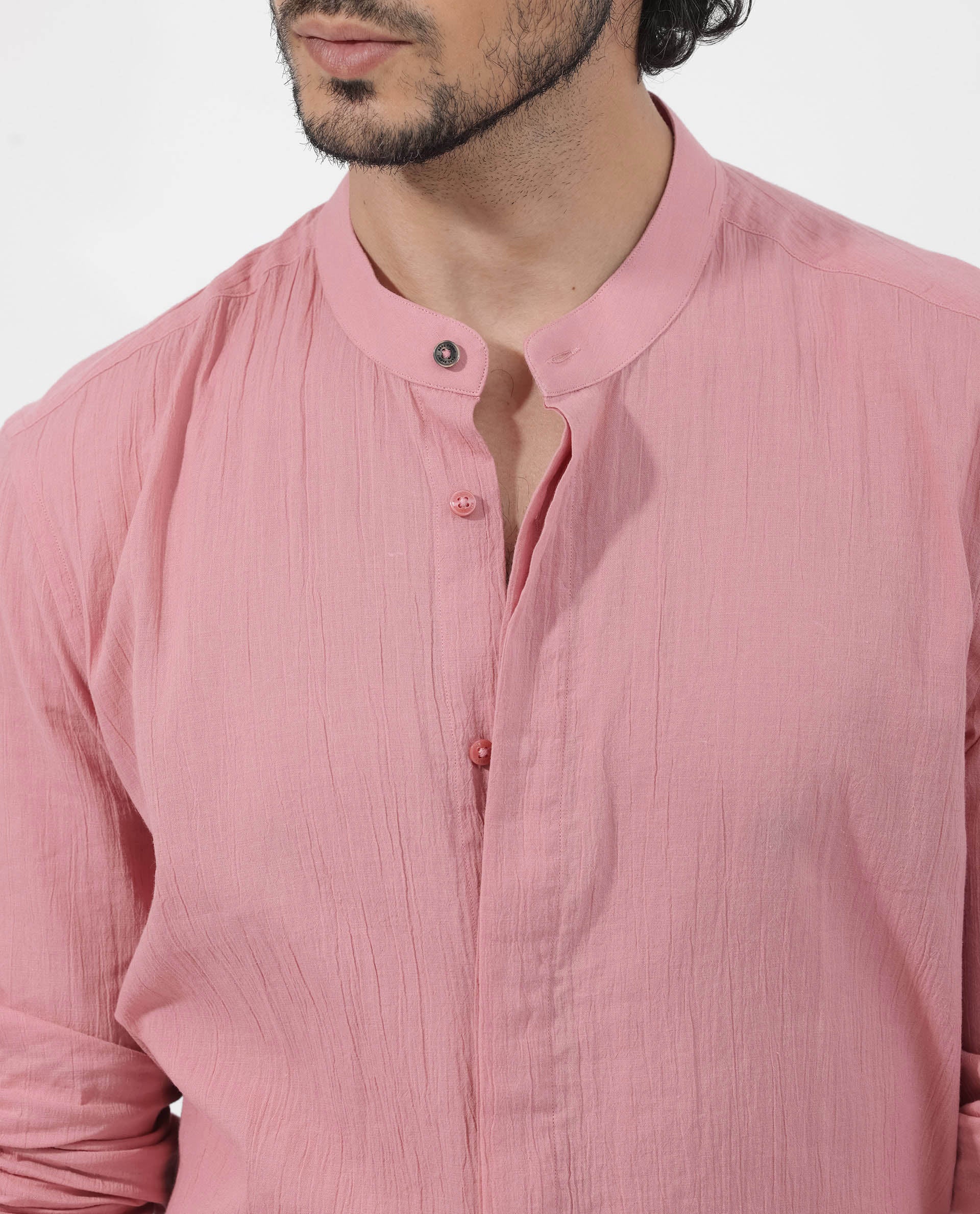 Rare Rabbit Men's Crinkle Ls Pink Cotton Plain Regular Fit Full Sleeve Mandarin Collar Shirt - Image 5
