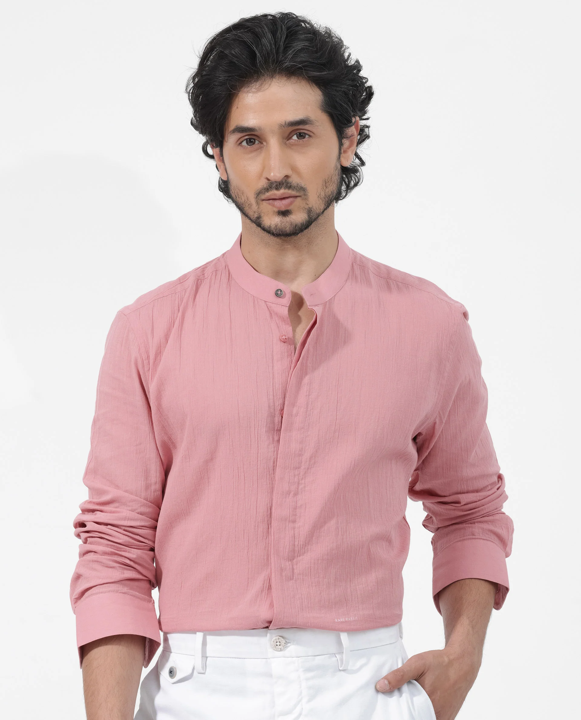Rare Rabbit Men's Crinkle Ls Pink Cotton Plain Regular Fit Full Sleeve Mandarin Collar Shirt - Image 6